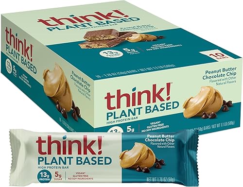 think! VeganPlant Based High Protein Bars - Peanut Butter Chocolate Chip, 13g Protein, 5g Sugar, No Artificial Sweeteners, Non GMO Project Verified,