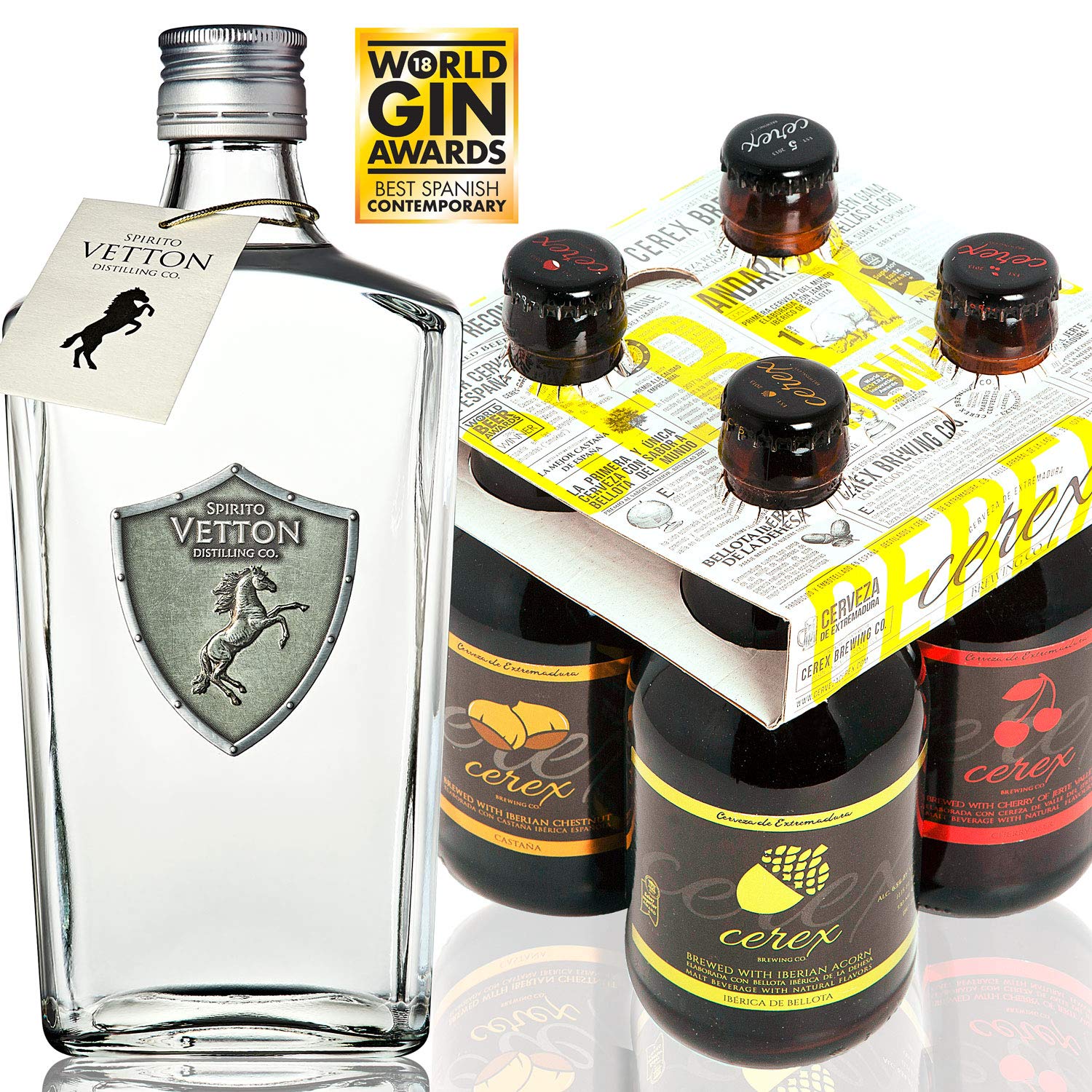 CEREX – Pack 4 Cervezas Artesanas + Ginebra Dry Premium Artesanal Spirito Vetton - Cerveza de Castaña, Cereza, Ibérica de Bellota y Pilsen - Pack Regalo - MEJOR GINEBRA DE ESPAÑA 2019