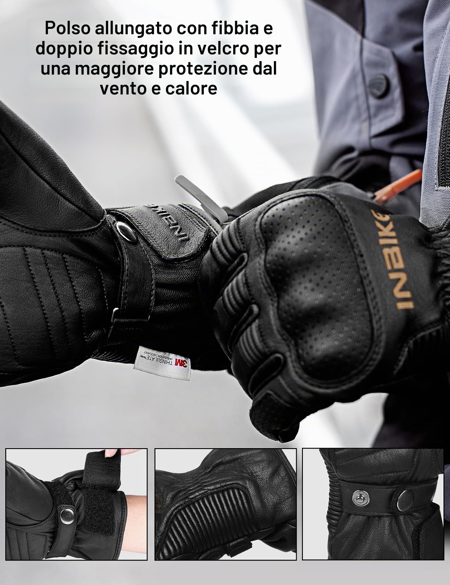 INBIKE Guanti Moto Pelle di Capra Invernali CE Livello 1 KP Resisitente Protezione Termici Morbidi Antivento Impermeabile