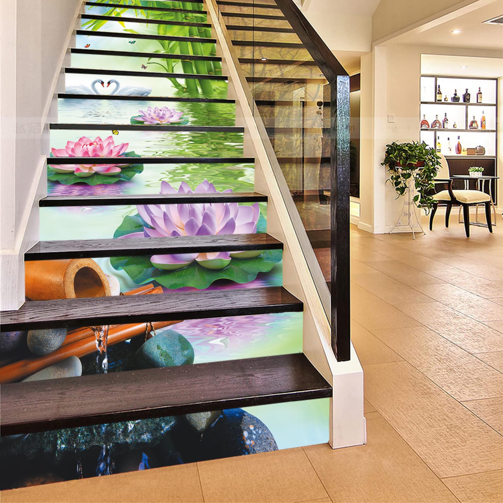 Flfk G1121 13Pcs Stair Risers Stickers Peel And Sick 39.37"X7.08",Self-Adhesive Staircase Stickers Decals, Pink Lotus Bamboo Mural Wallpaper For Stair Steps