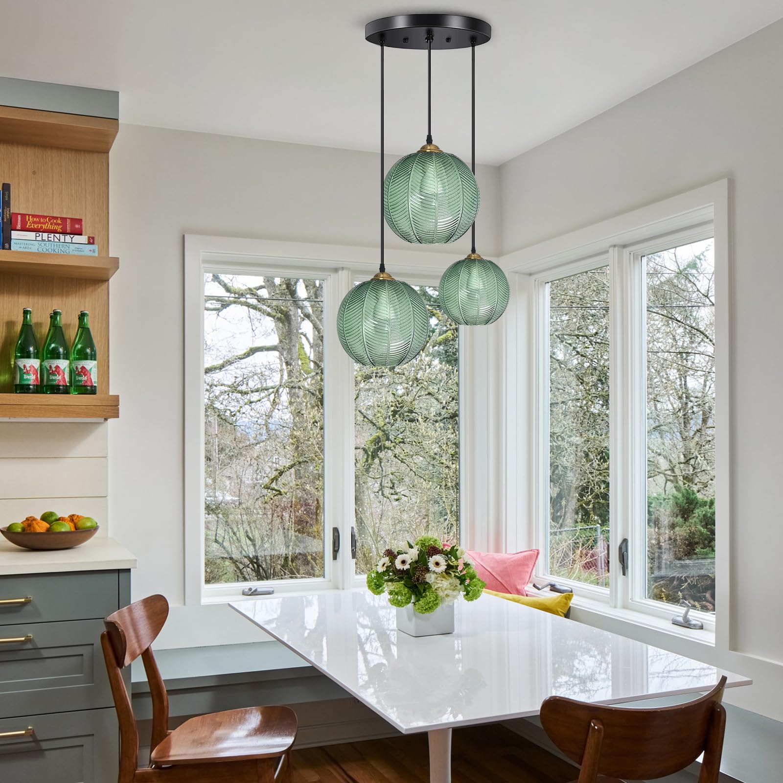 Lampada a Sospensione, Moderna lampadario Lampada a soffitto Industriale a Sospensione con Paralume in Vetro Verde per la Colazione Bar Angolo Cucina Isola Sala da Pranzo Soggiorno (3Light)