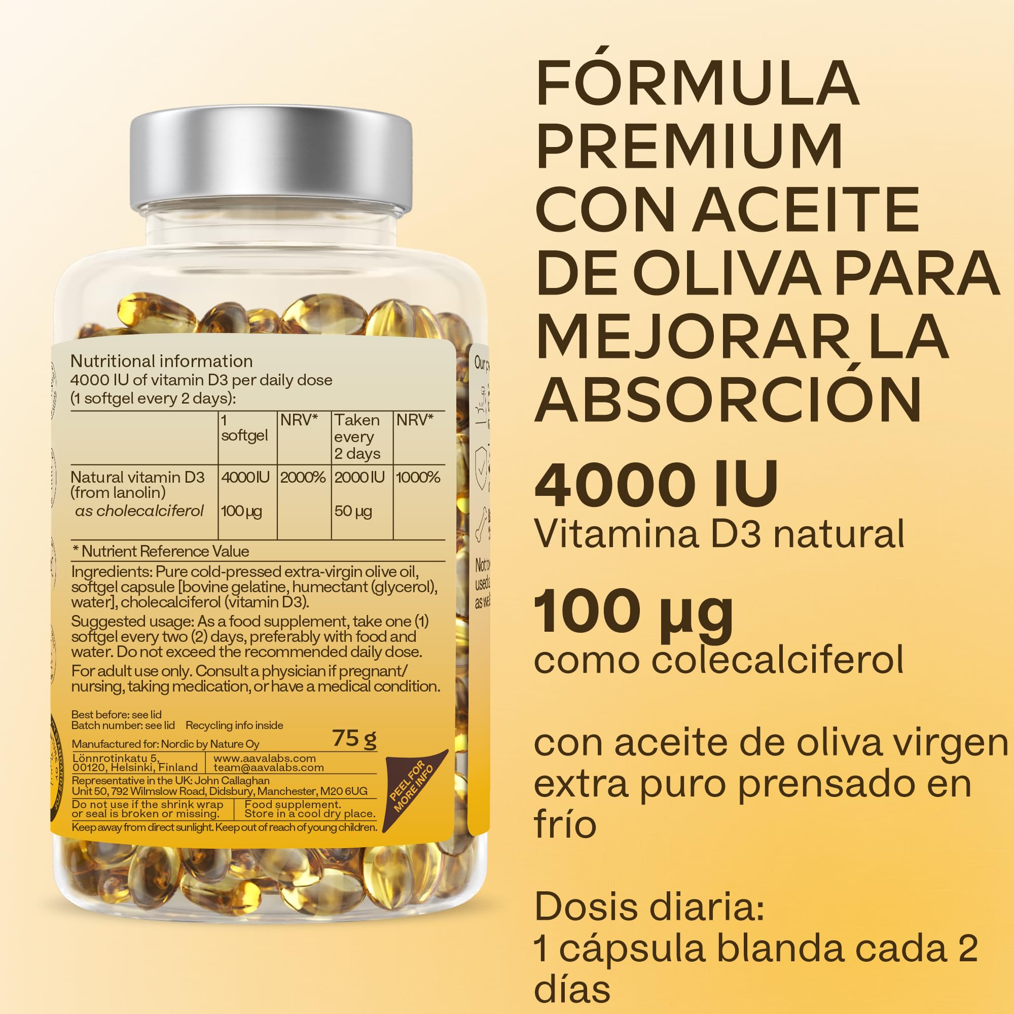Vitamina D3 [ 4000 UI ] – con Aceite de Oliva Virgen Extra para una Absorción Óptima – Sin OGM, sin Gluten y sin Lactosa – Contribuye al mantenimiento de la Función Ósea, Muscular e Inmunológica.