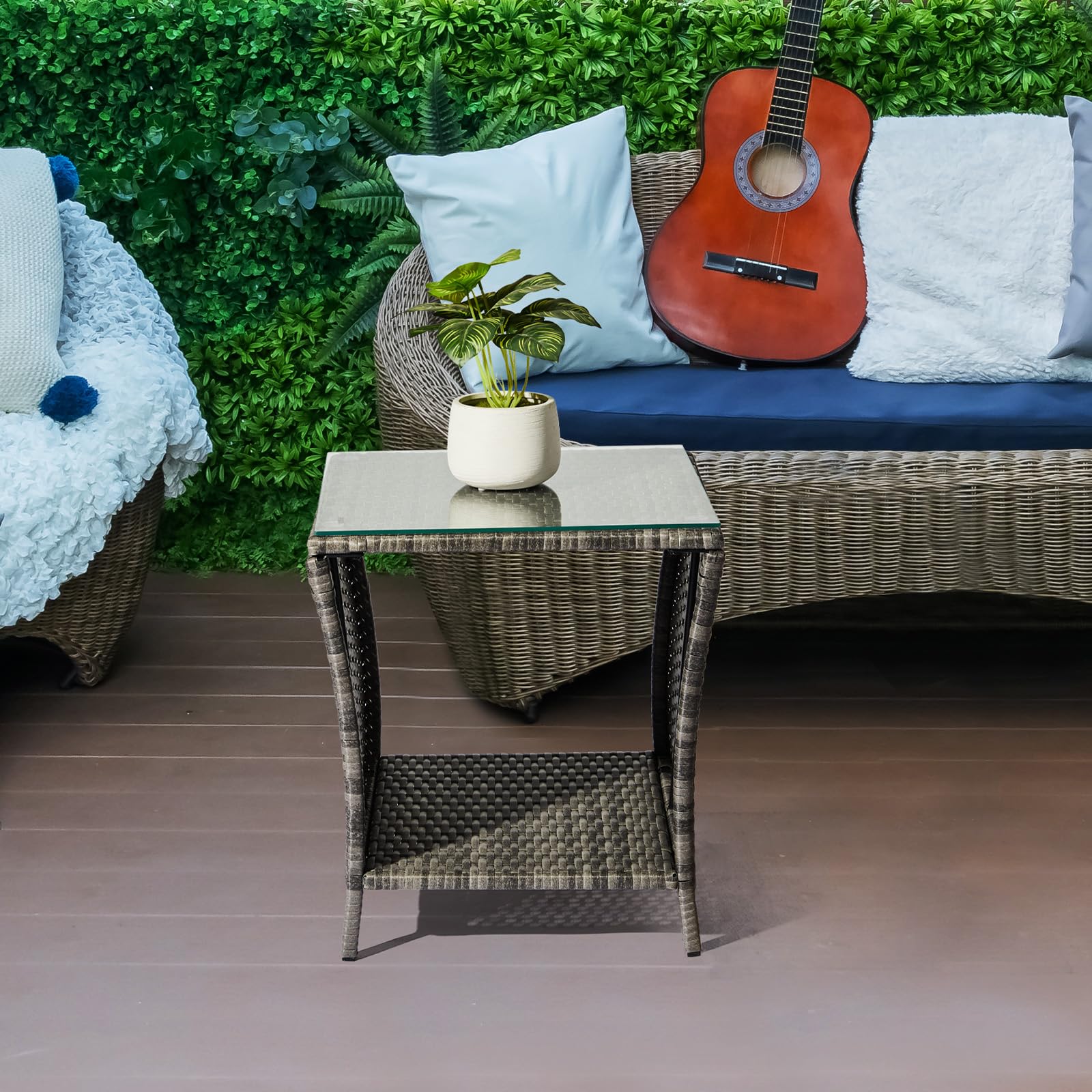 Bonnlo Rattan Beistelltisch mit Glasplatte, Balkonmöbel Grau, Gartenmöbel klein, Balkontisch Outdoor wetterfest, 46x46x50 cm