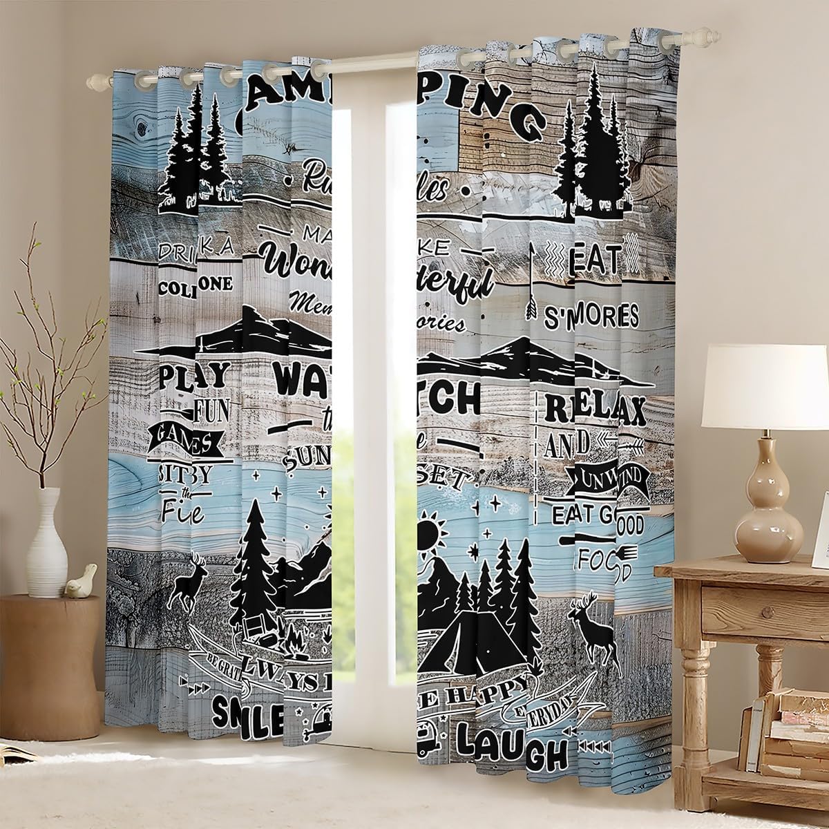 Erosebridal Rustic Camper Curtains,Farmhouse Happy Camping Blackout Curtains(30-50%) 42x84 inch for Cabin Lodge,Camping Rules Curtains Drapes,Wooden Plank Window Curtains 2 Panels for Living Room
