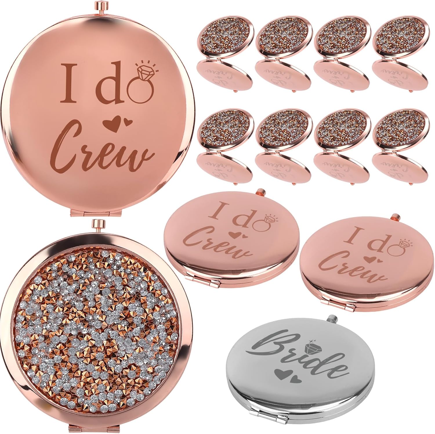 12 Pcs Bridesmaid Proposal Gifts Set 11 I Do Crew Mirrors and 1 Silver Bride Mirror Pocket Magnifying Makeup, Bridesmaid Gifts for Women Wedding Bridal Shower Gifts Party Favors(Rose Gold)
