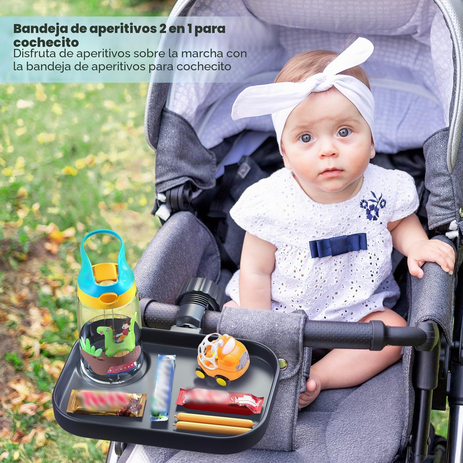 KDD Universal Bandeja de bocadillos Cochecito, 2-1 Bandeja para Cochecito con Portavasos, Accesorio para Bandeja Organizadora, Compatible con Carrito de la Compra Uppababy, Baby Jogger, Britax, Bob
