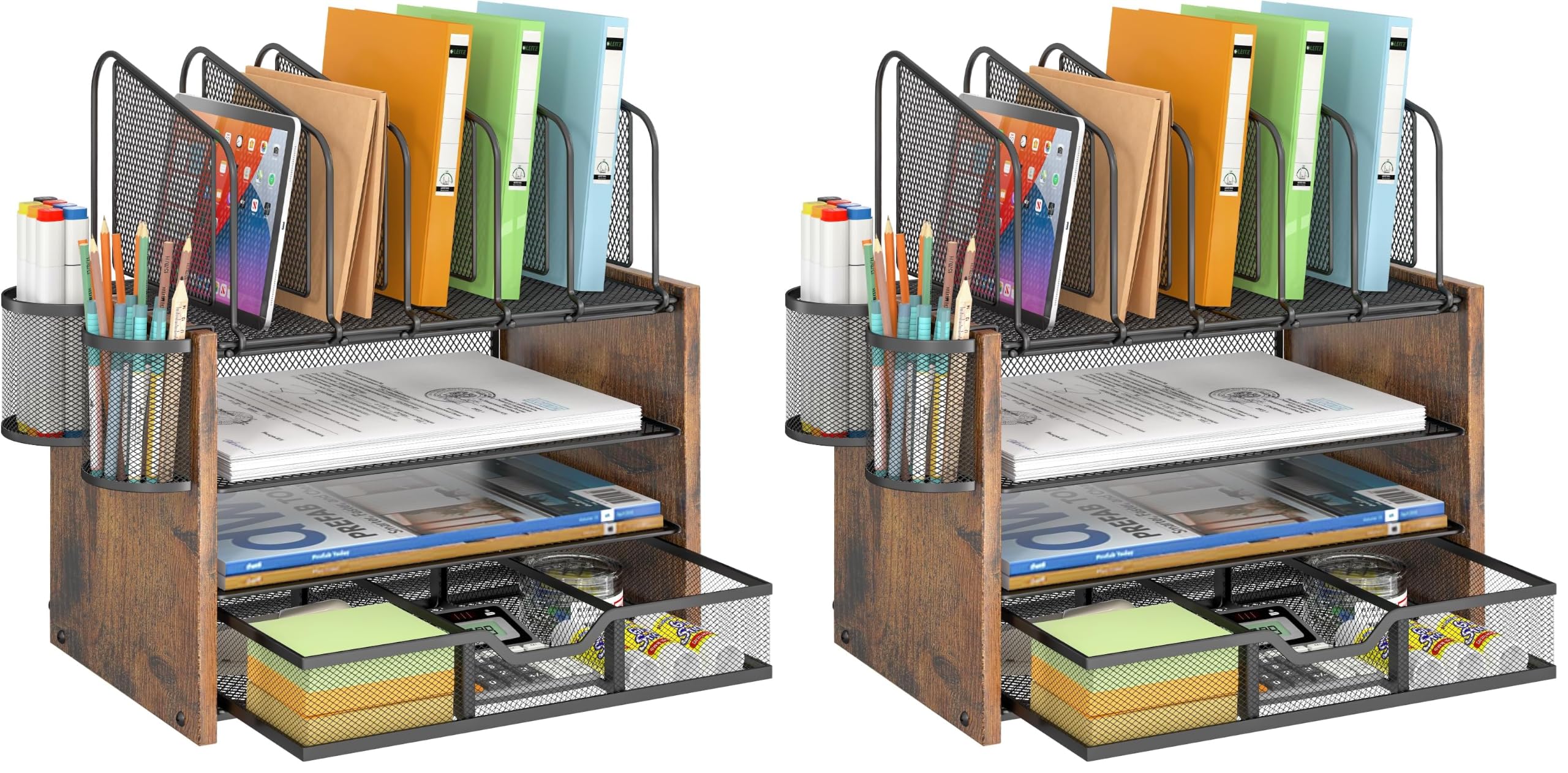 DAOUTIME 4-Tier Mesh Desk Organizer, Wooden Desk File Organizer with 5 Vertical File Holders and 2 Pen Holders, Desktop Organizers and Accessories with Drawer for Home Office (Pack of 2)
