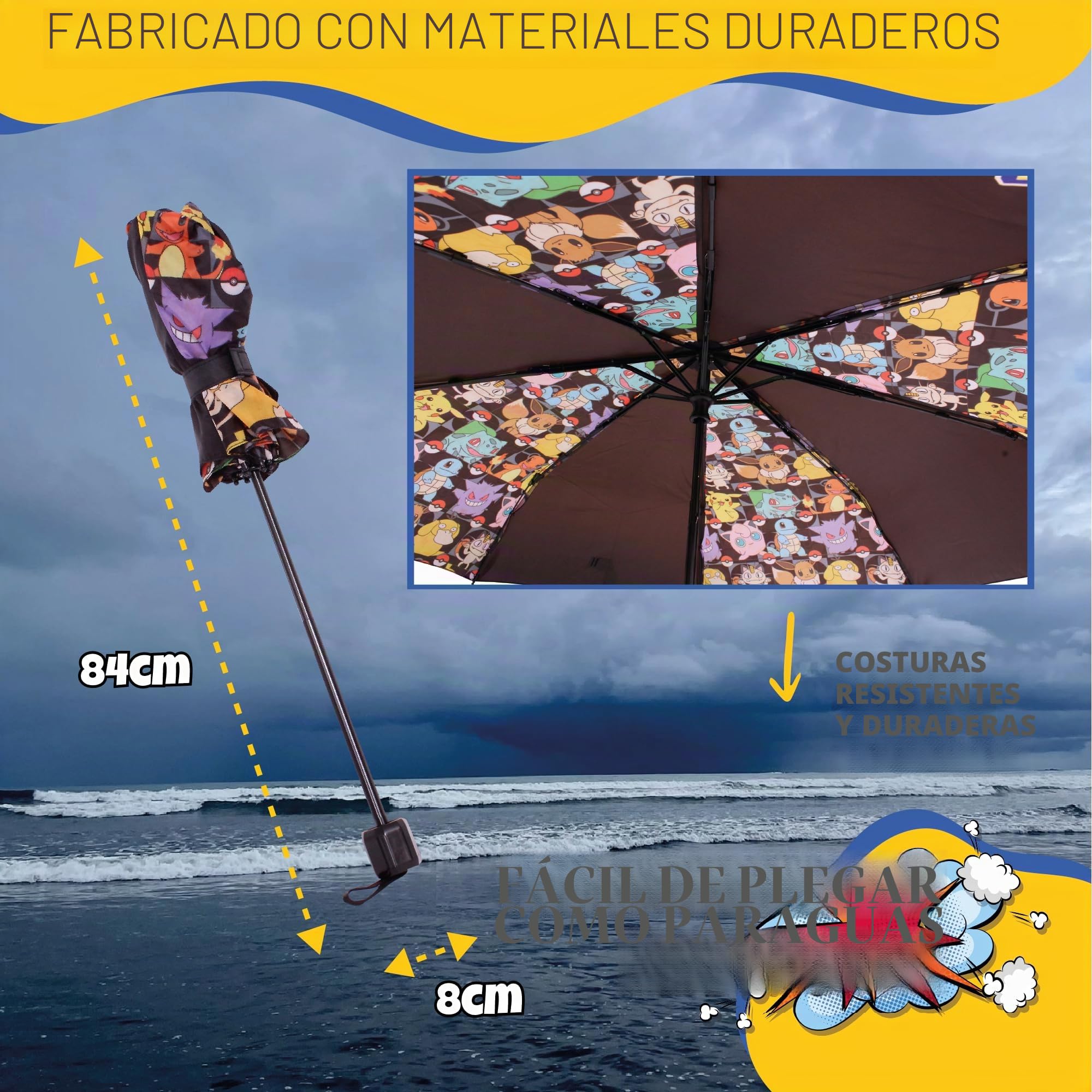 Pokemon Paraguas automático para adultos, niños y adolescentes, paraguas telescópico plegable, ligero, de viaje, escuela, trabajo - Pokémon Gifts
