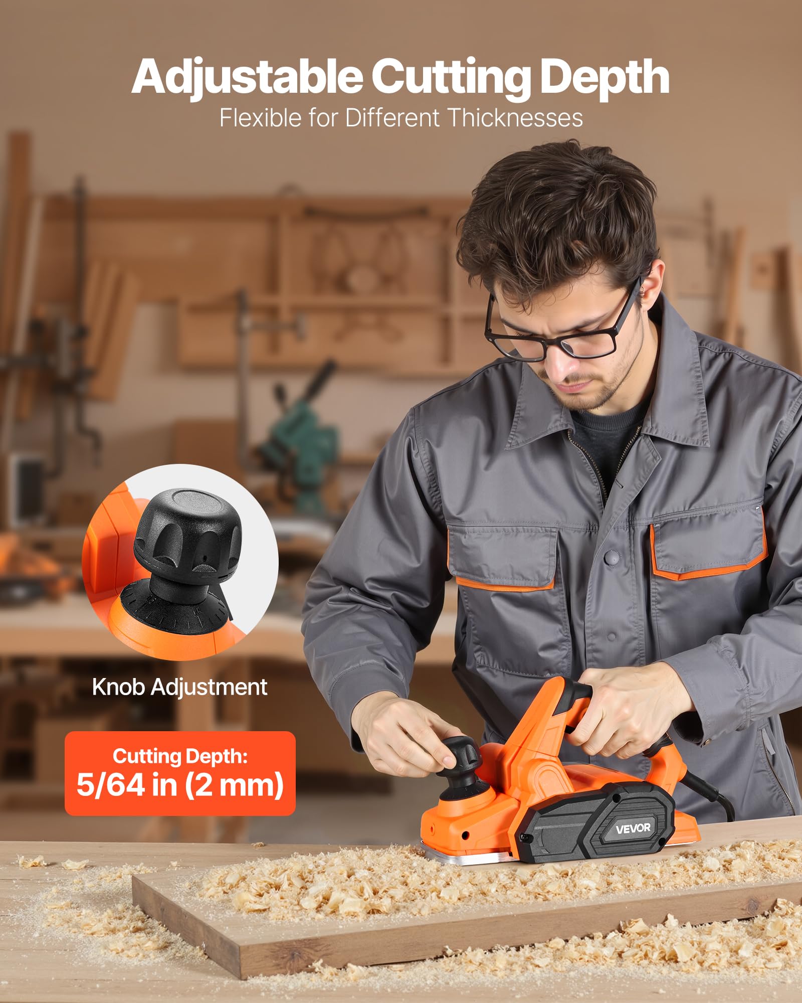 VEVOR Rabot Électrique Filaire Largeur de Coupe 82 mm Raboteuse à Bois à Main 650 W 16800 tr/min Profondeur Coupe Réglable 2 Lames Outil de Menuiserie pour Travail Chanfreinage Bois, Finition Lisse