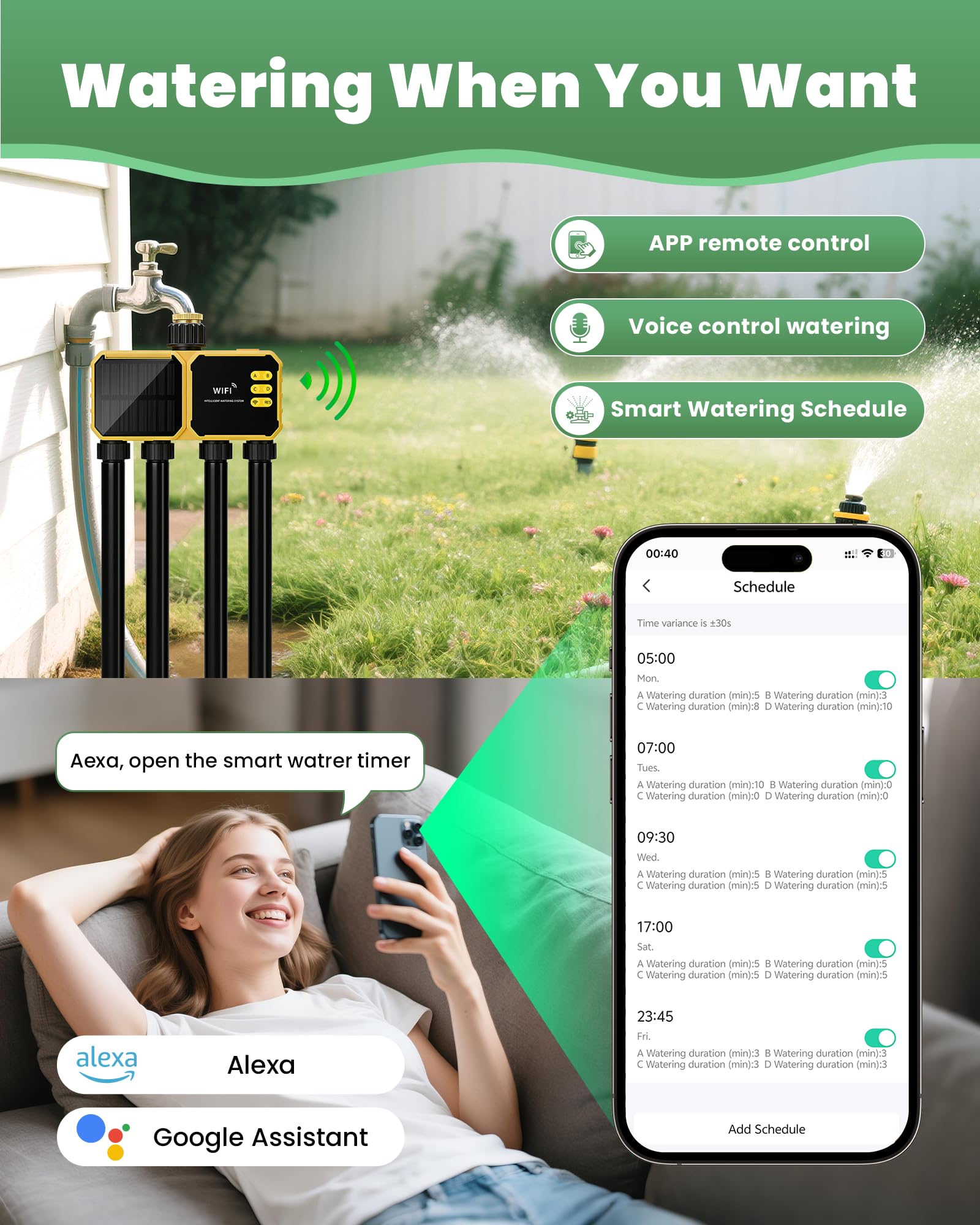 Timer per irrigazione WiFi a 4 zone, timer intelligente per acqua per tubo da giardino, 4 uscite con ritardo della pioggia/sistema di irrigazione automatico/manuale per prato, controllo vocale remoto