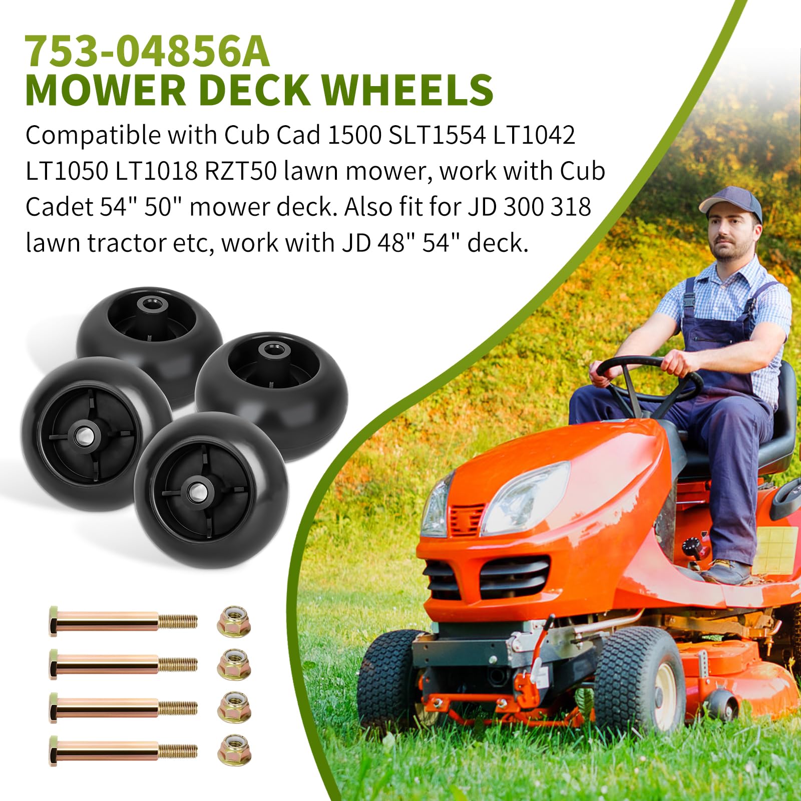 753-04856A Ruedas de cubierta para cortacésped Craftsman – Rodillos de cubierta para Craftsman HU Cub Cad JD tractor cortacésped, funciona con cubierta de 54 pulgadas 48 pulgadas, reemplaza