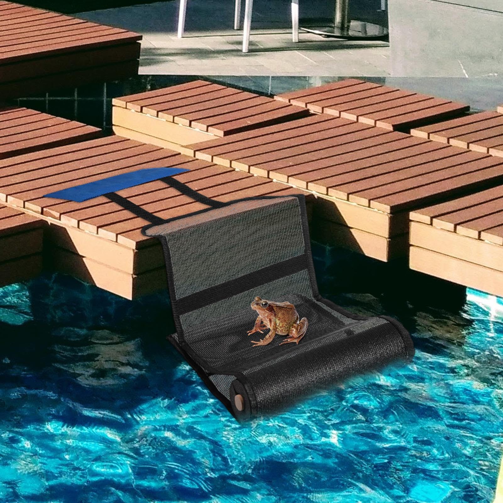 Rampe d'évasion – Échelle d'évacuation de 27,9 cm, rampe de sauvetage robuste pour animaux, pliable et variable en tissu Oxford pour grenouille | Protection multifonction en maille bleue, rampe