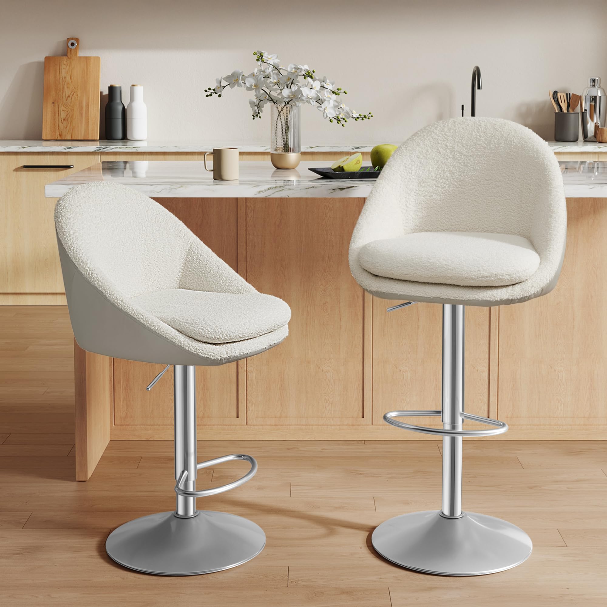 VASAGLE Tabouret de Bar, Lot de 2, Chaise de Cuisine, Réglable en Hauteur, Pivotant à 360°, avec Dossier, Socle, Repose-Pieds, Acier, pour Comptoir, Bar, Salle à Manger, Blanc Crème LJB110W01