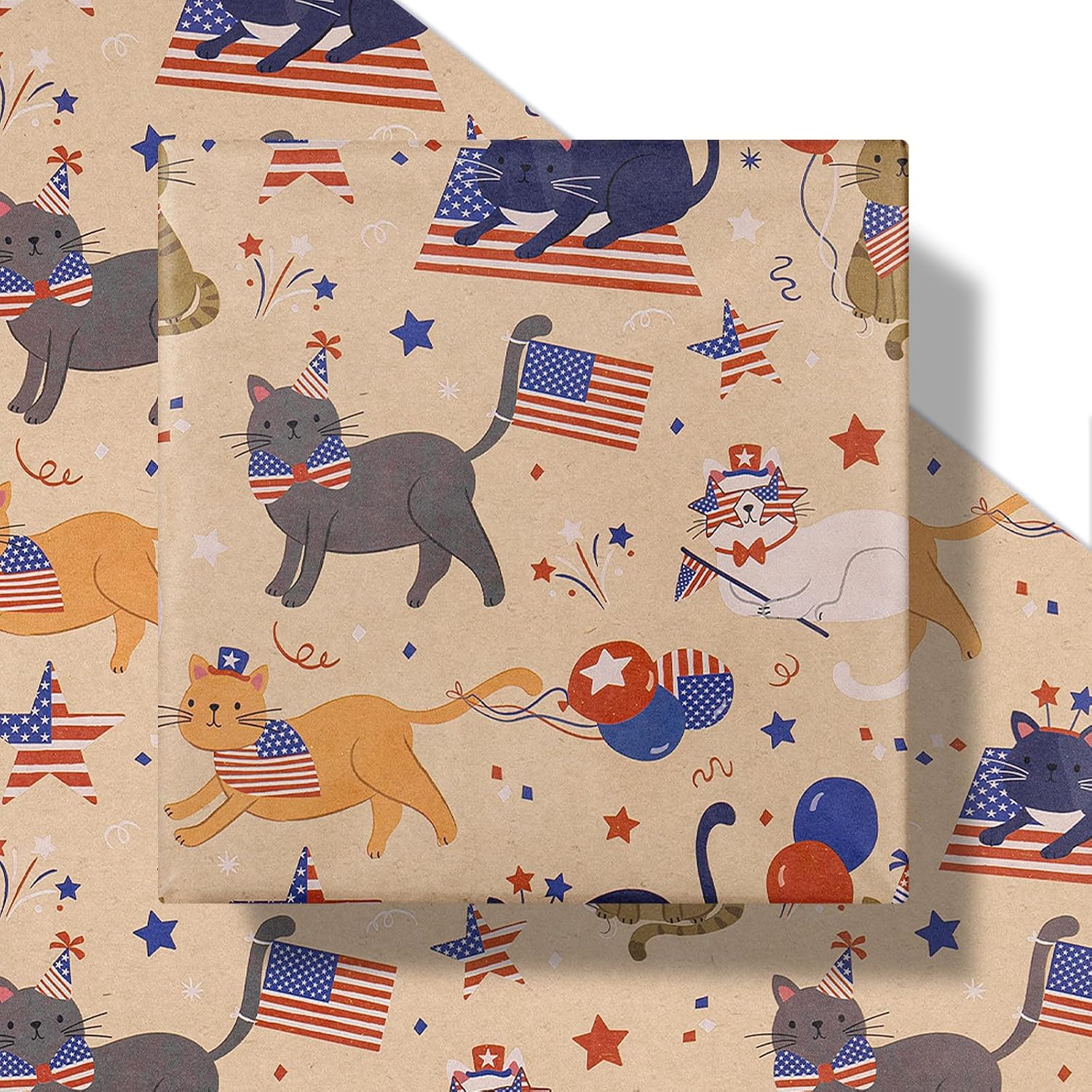 RUSPEPA Cat Wrapping Paper Roll, Mini Roll, American Cats with American Flags, Funny Cartoon Animal Kraft Gift Wrap for Patriotic Events, July 4th Celebration, 17 Inches X 16.4 Feet image 2