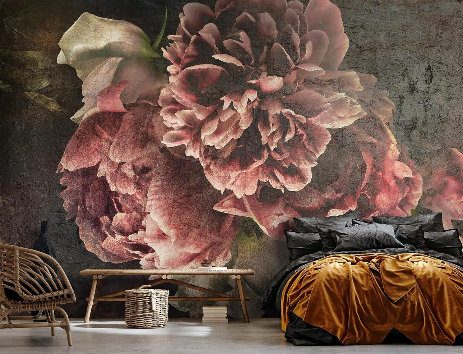 Kfjhgbdshhj 3D Mural Photo Mural-Wallpaper Flowers Vintage Retro Peonies Concrete Wall - For Living Room Bedroom 3D,400Cmx280cm Poster - Wall Sticker - Frameless Picture