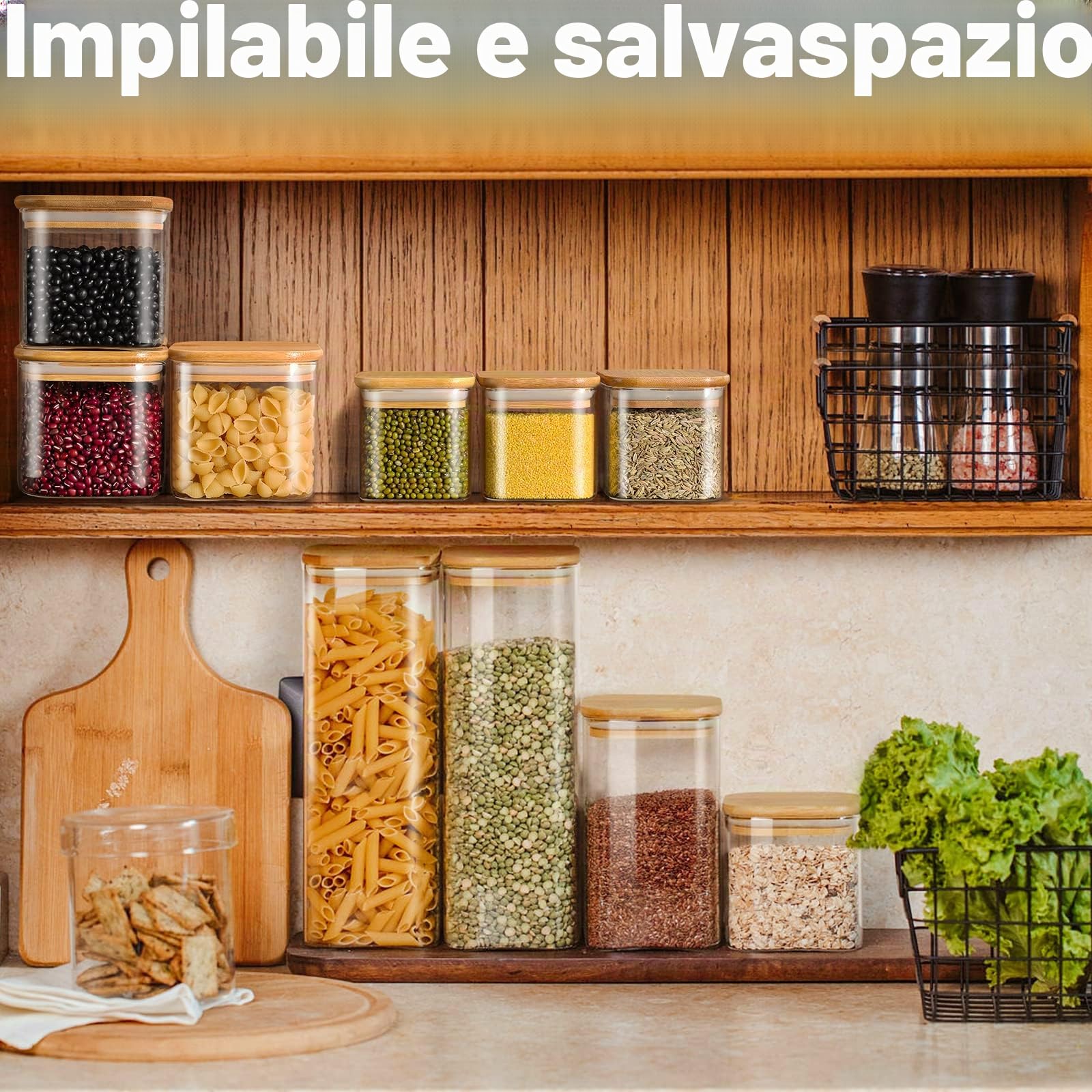 FINEW Set di 10 barattoli in vetro con coperchio, rettangolari, 2500 ml/1500 ml/750 ml/350 ml, grandi contenitori ermetici, per spaghetti, cereali, farina, spezie