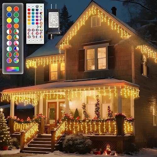 LitHome Luces de carámbano que cambian de color de 48.4 pies para exteriores con control remoto, 300 luces LED de carámbano para exteriores, luz
