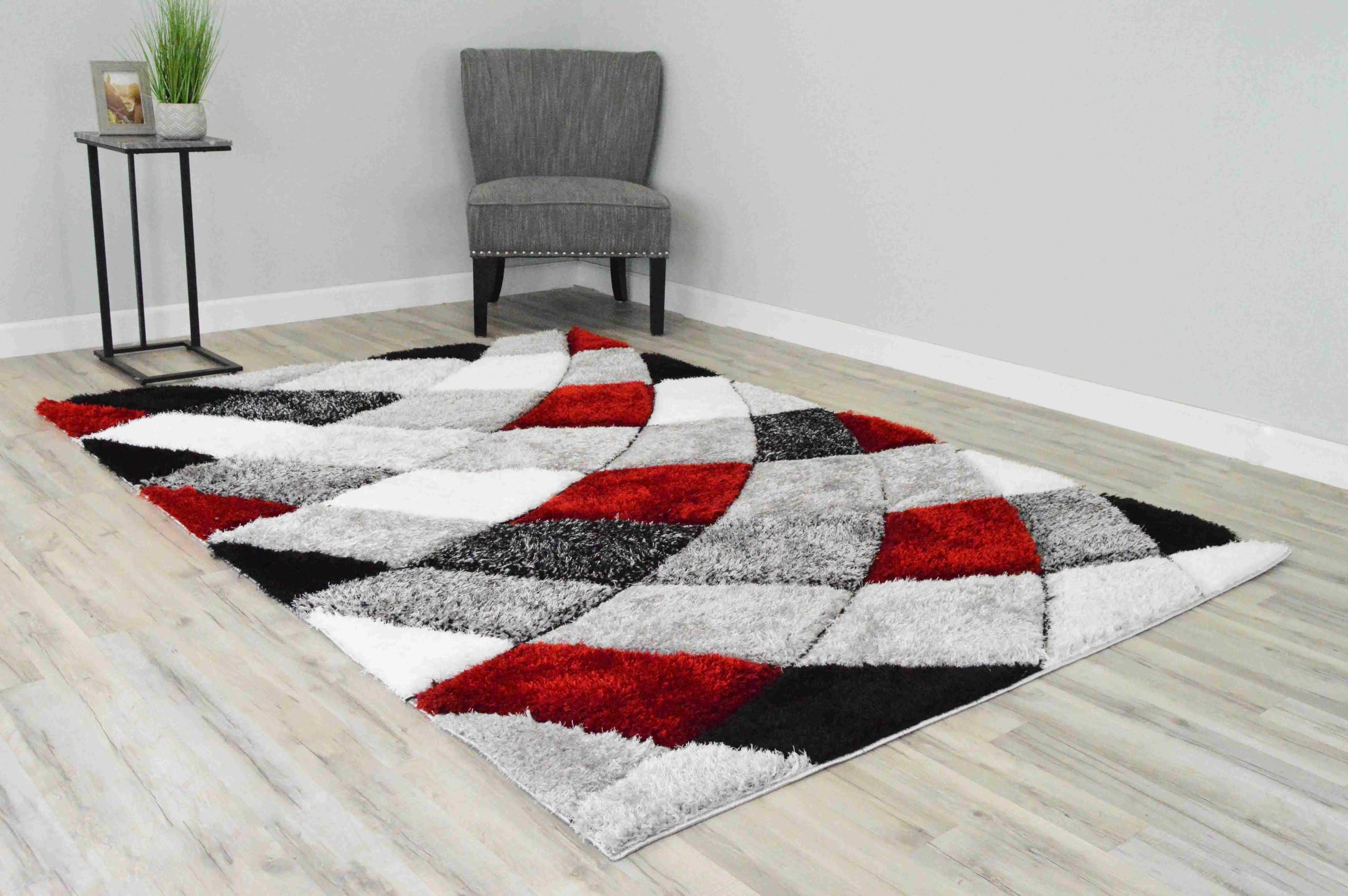 Modern Fluffy Plush Shag Shaggy Rug Hand Carved Thick Soft Geometric Abstract Carpet Vibrant Colors for Living Room Bedroom Office Design 6492 (Red,