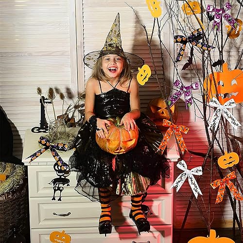 Miniatura 7 de Bimkole Cinta de grogrén de Halloween de 30 yardas, borde con alambre, diseño de araña, calabaza, calavera, fantasma, mago, murciélago, 1 pulgada,