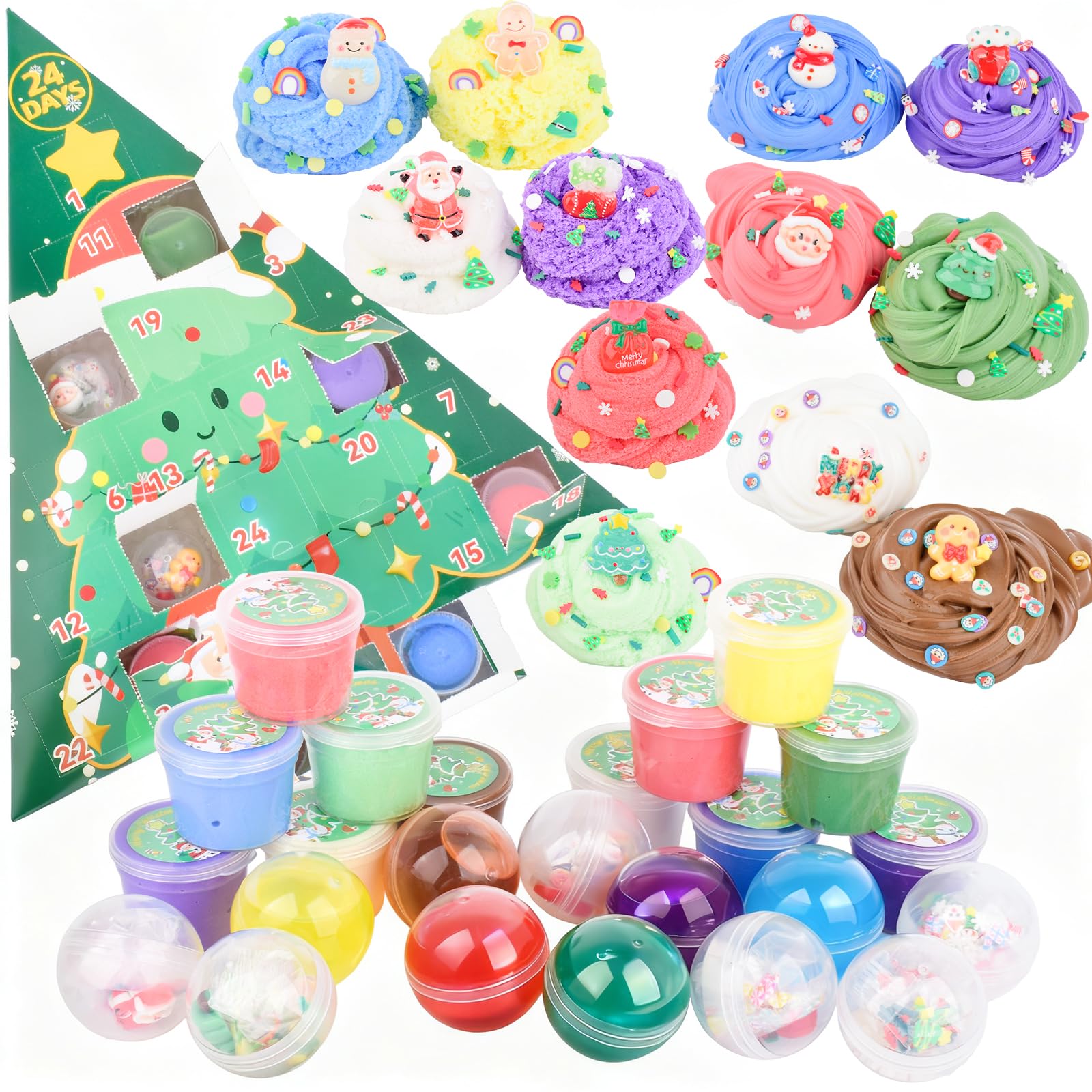 Christmas Slime Advent Calendar Tree - 24 Days of Slime, Soft Non-Sticky Sensory Toys for Kids, Holiday Countdown Gift, Stocking Stuffer & Party Favor for Girls & Boys 4-12