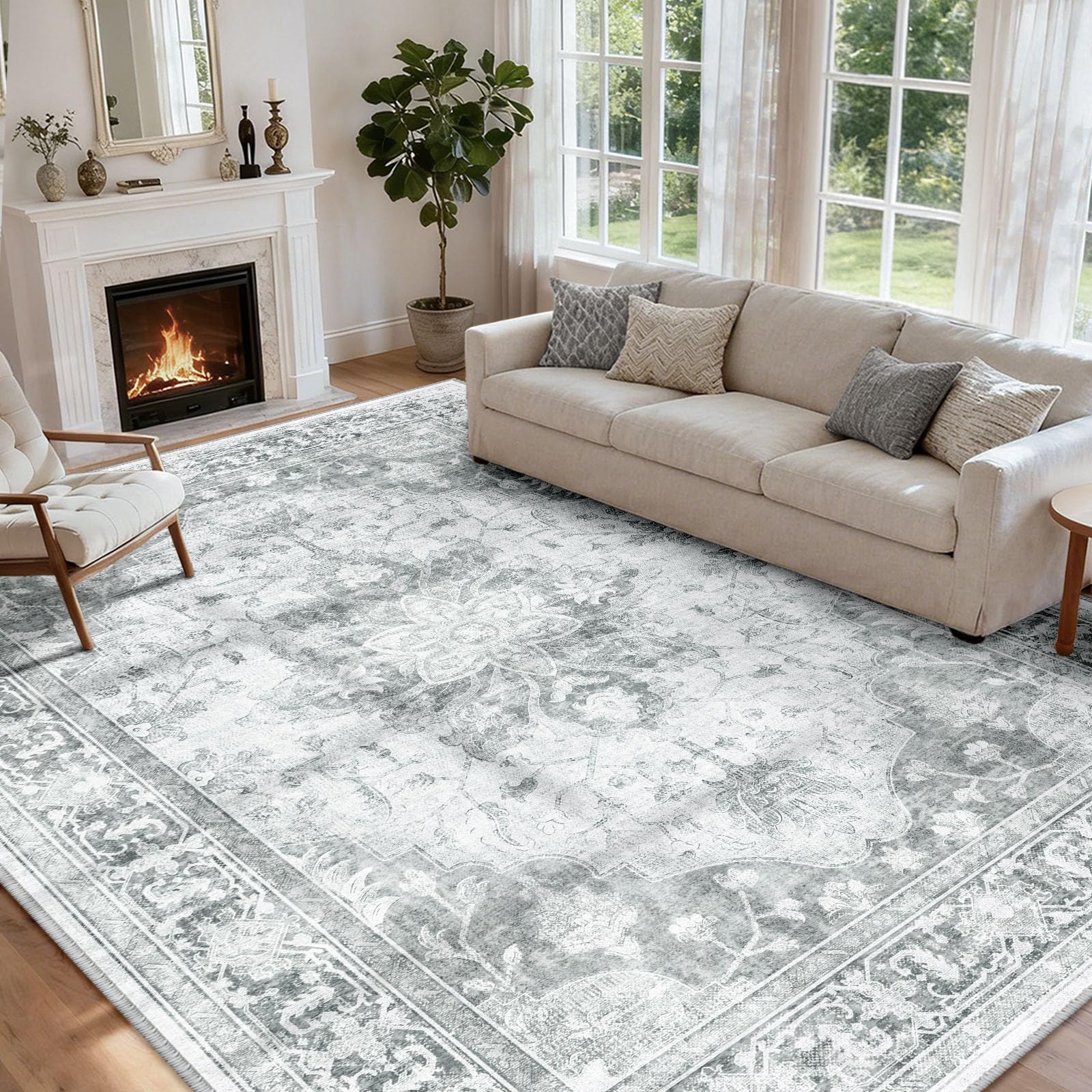 INOVADAY Machine Washable Rugs 240x300 cm Vintage Area Rug Low Pile Anti-Slip Carpet with Print Pattern for Living Room Bedroom Home Office Indoor Lightgrey โ image 1