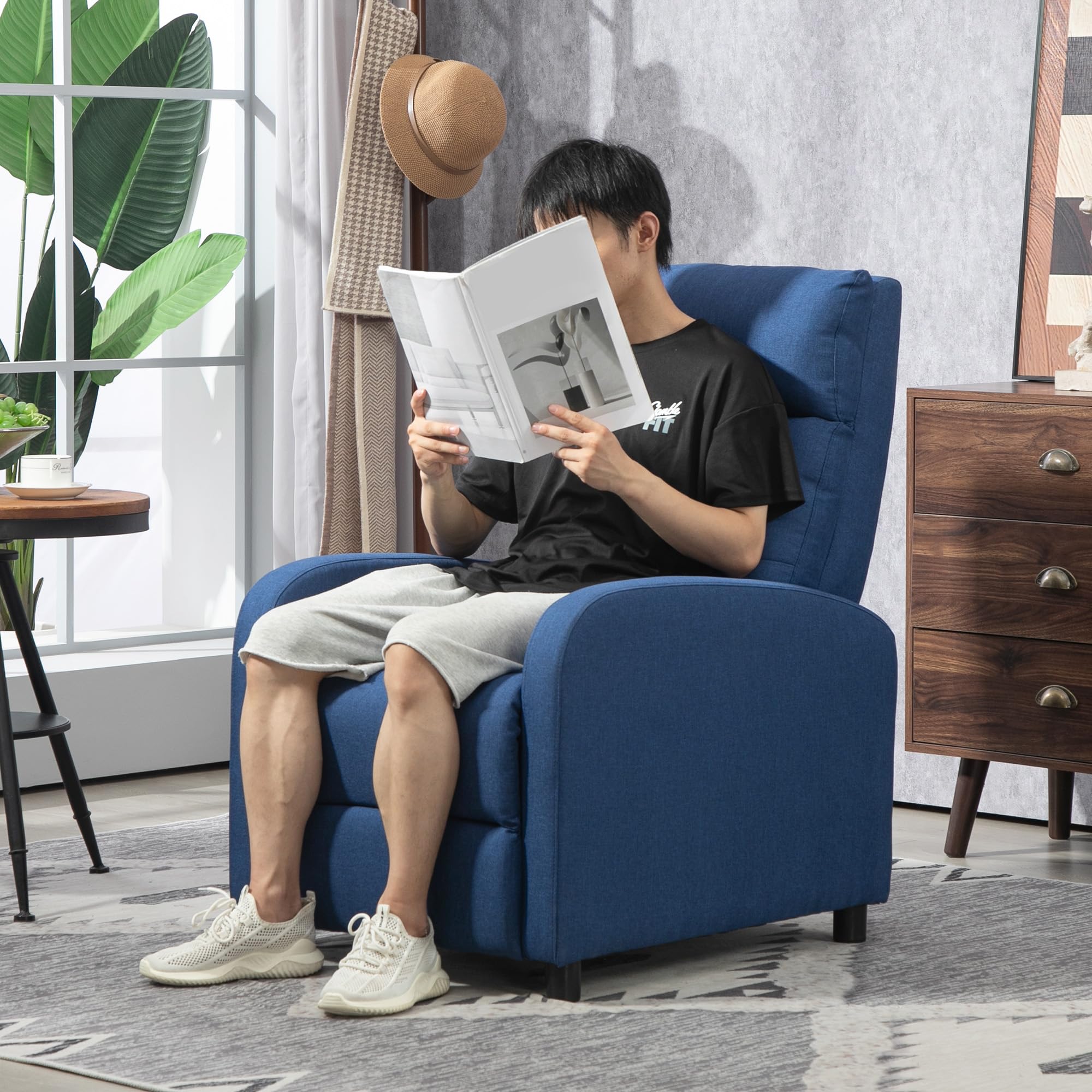 HOMCOM Sillón Relax Reclinable Manual, Sillón Relax de Lino con Apertura Push, Reposapiés, Respaldo Alto, Acolchado Grueso, Butaca Reclinable hasta 155º para Salón, Dormitorio, Oficina, Azul