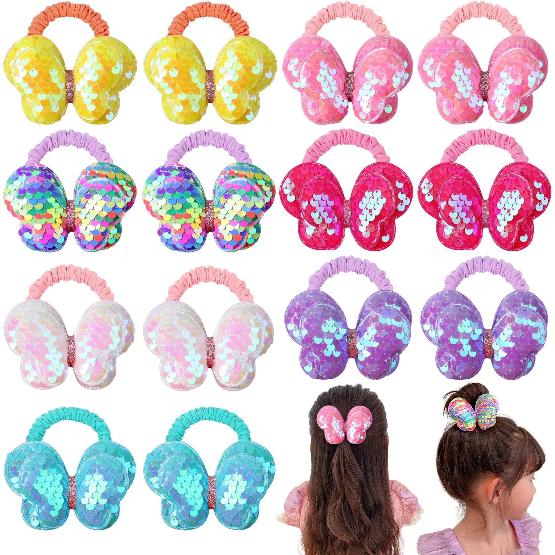 14 Pcs Glitter Butterfly Hair Ties for Girls Baby Toddler Cute Sequin Bow Hair Ties Elastic Rubber Hair Bands for Little Girls Multicolor Baby Hair
