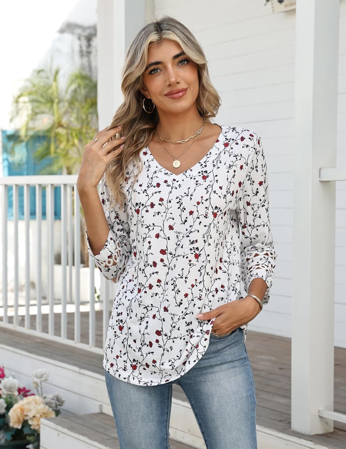 Zeagoo 3/4 Length Sleeve Womens Tops V Neck Dressy Casual Blouses Trendy Eyelet T Shirts Work Clothes S-XXL - Image 4