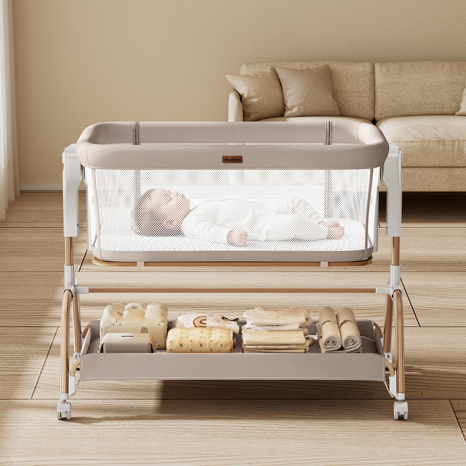 neoborn 3 in 1 baby bassinet, bedside bassinet for baby, rocking bassinet with breathable full-mesh, mattress and soft sheet, adjustable height, stable and secure crib for newborns