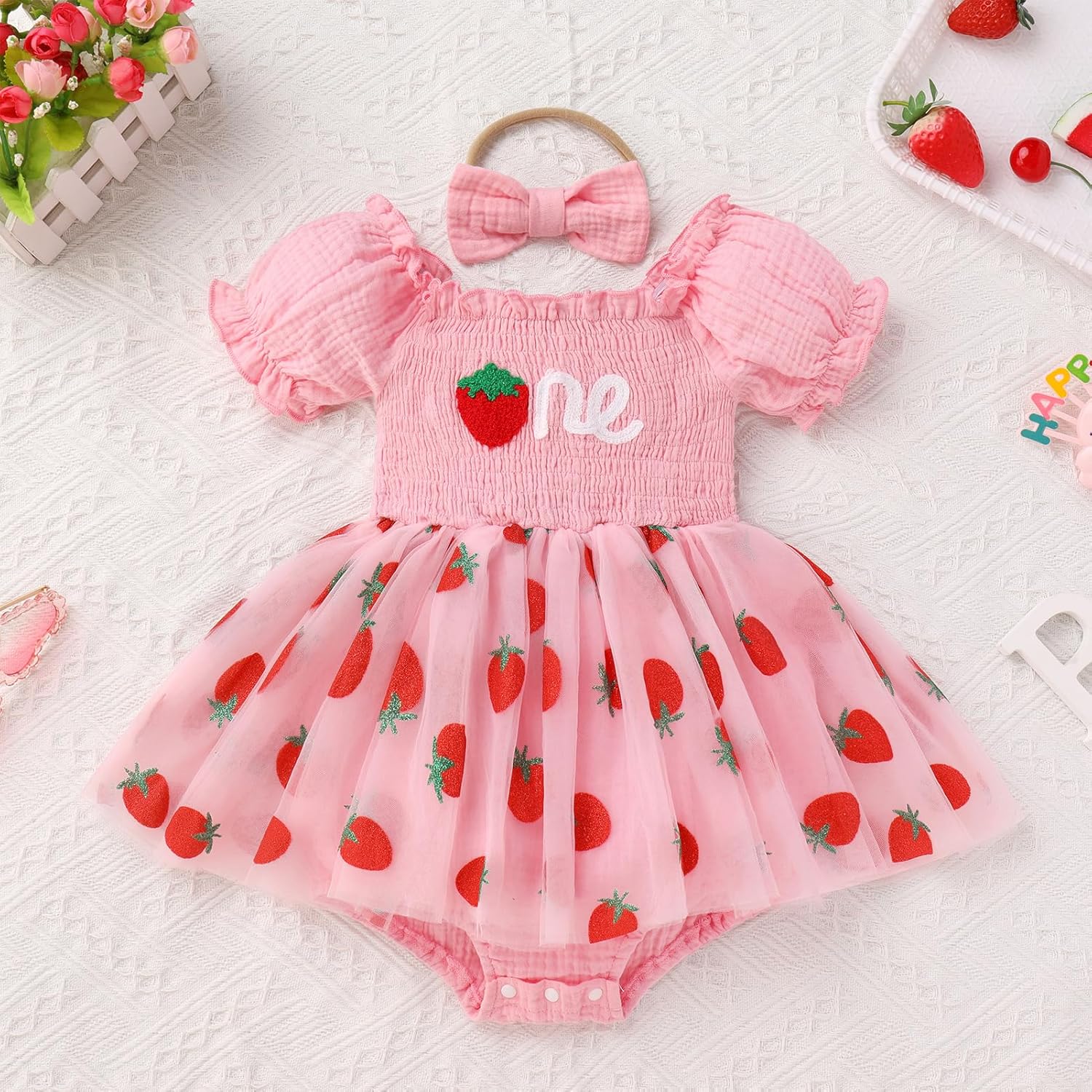 IDOPIP Baby Girls Strawberry 1st Birthday Outfit Berry Romper Smocked Ruffle Tutu Dress Headband Infant Girl One Year Old Birthday Dress Clothes for Cake Smash Photo Shoot Pink Strawberry 9-12 Months - Image 3