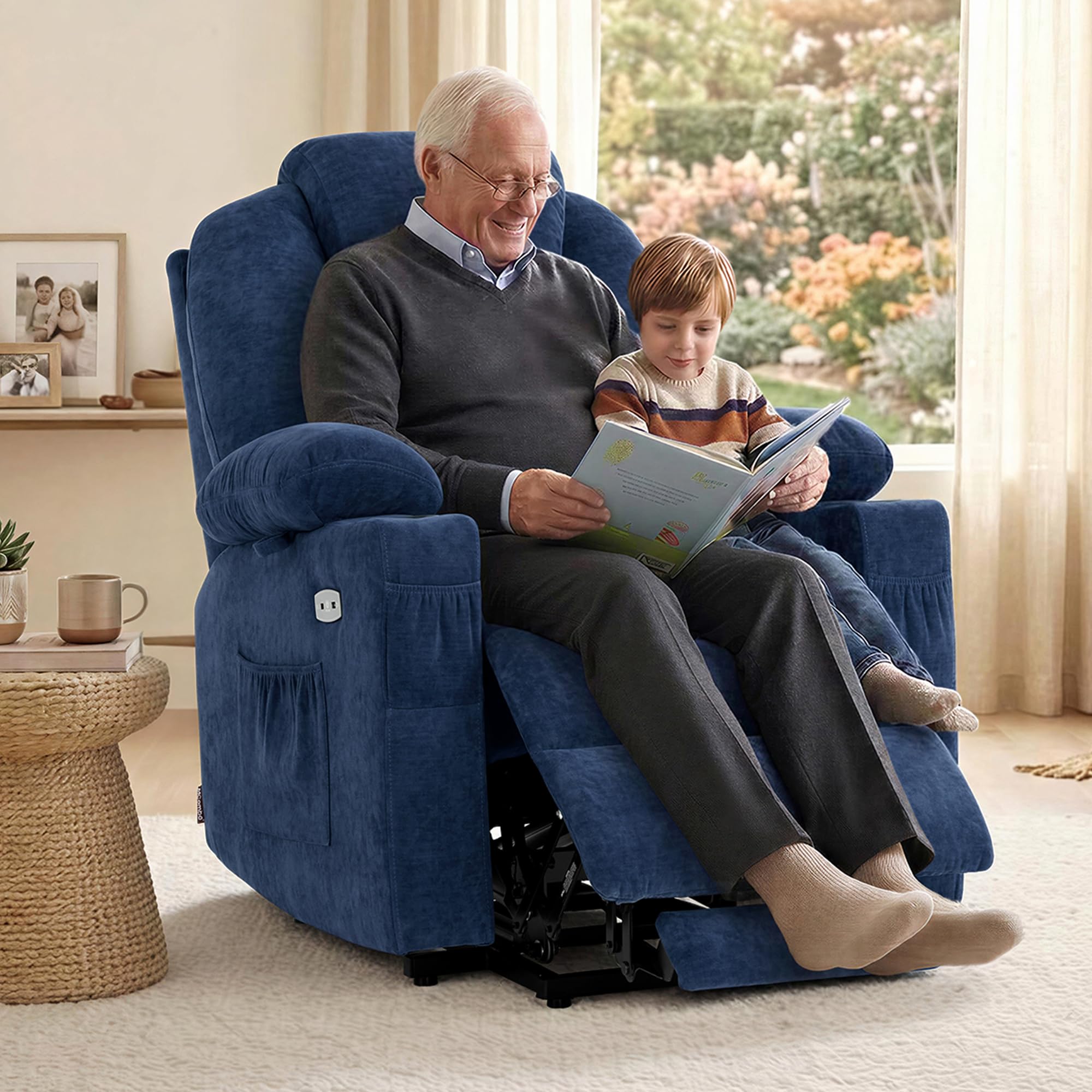 MCombo Power Lift Recliner Chair for Elderly, Lift Chair with Heat and Massage for Tall People, USB&Type C Ports, Extended Footrest, Cup Holders, Fabric 7516(Large,Admiral) - 5