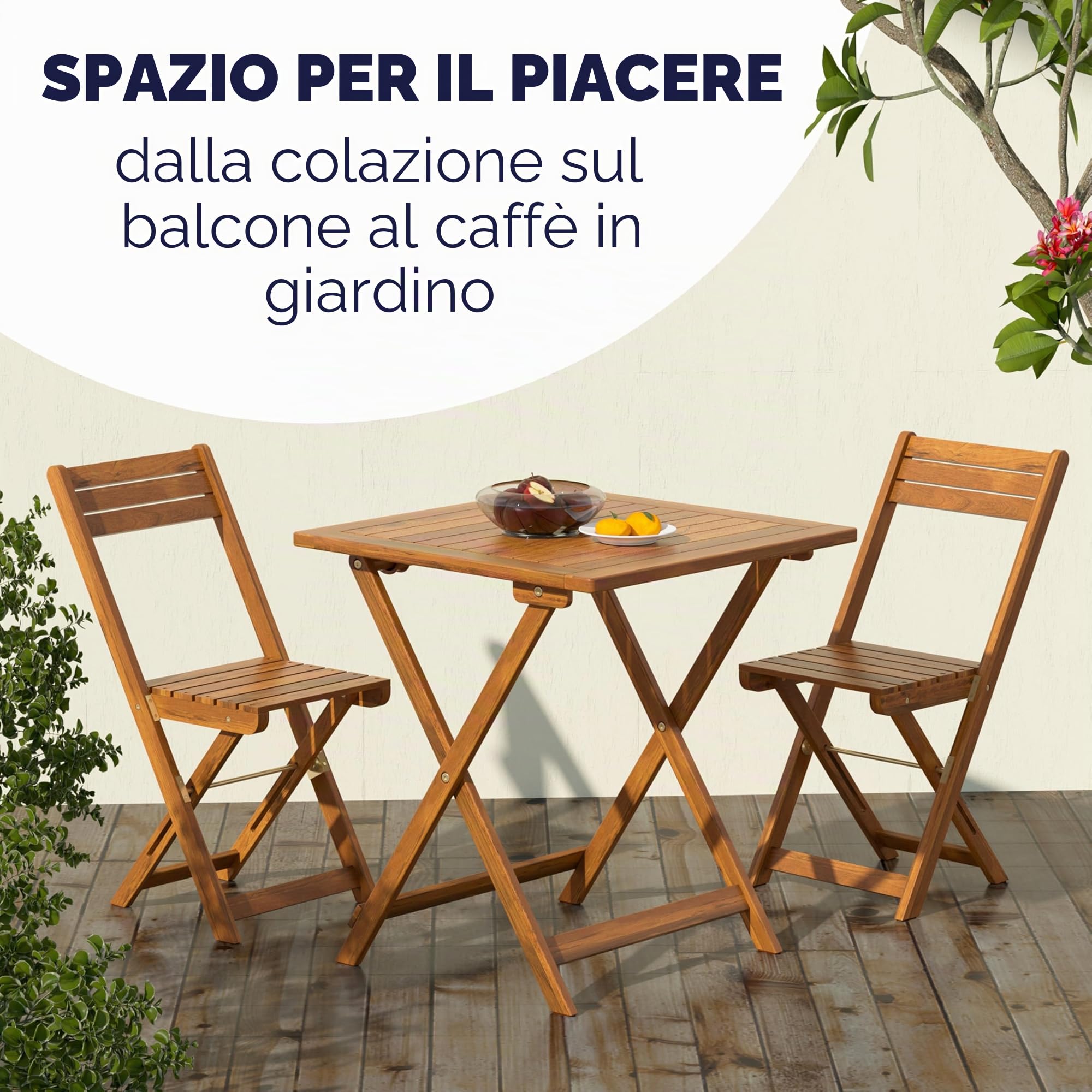 Casaria Set da Balcone Tavolo e 2 Sedie in Legno di Acacia Pieghevole 3 Pezzi