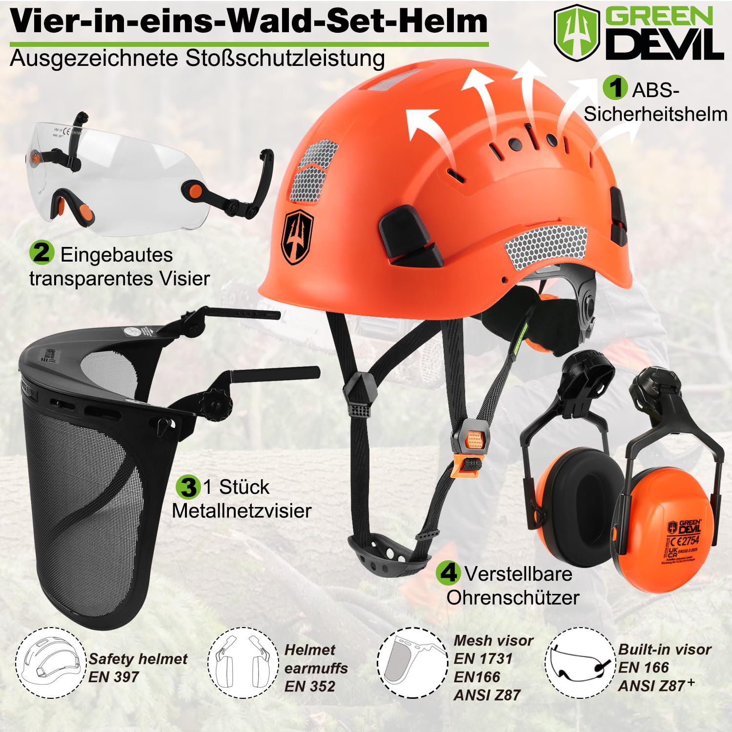 GREEN DEVIL 5-in-1 Forstschutzhelm Set - Kettensägenhelm mit eingebauter Schutzbrille, Maschenvisier & SNR 31dB Gehörschutz + Helmleuchte mit Bewegungssensor