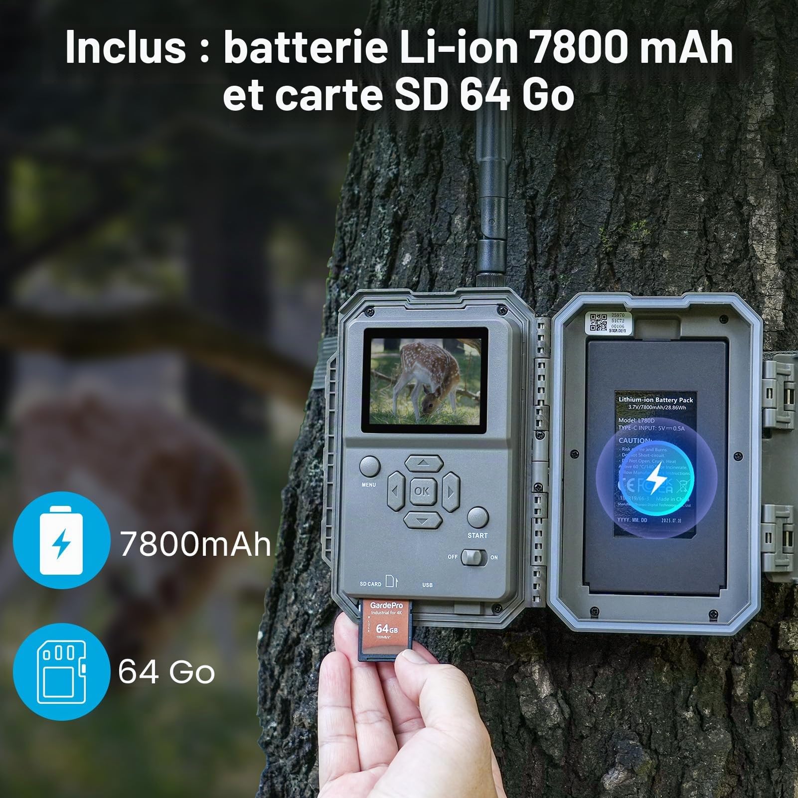 Meidase S970 Pro 4G LTE Caméra de Chasse, 48MP 1296P, avec Streaming en Direct, Vision Nocturne, Activation par Mouvement 0.1s, Transfert d App, avec Batterie Lithium 7800mAh et Carte SD 64GB, GPS