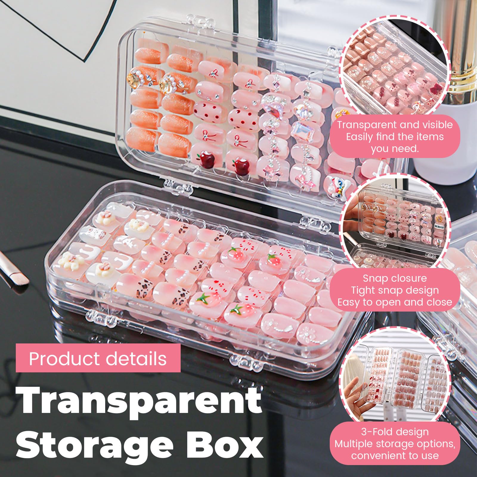 LELE LIFE Quad Fold Press On Nail Packaging Box, Foldable Clear Organizer Case with 6 Storage Sides - Image 3