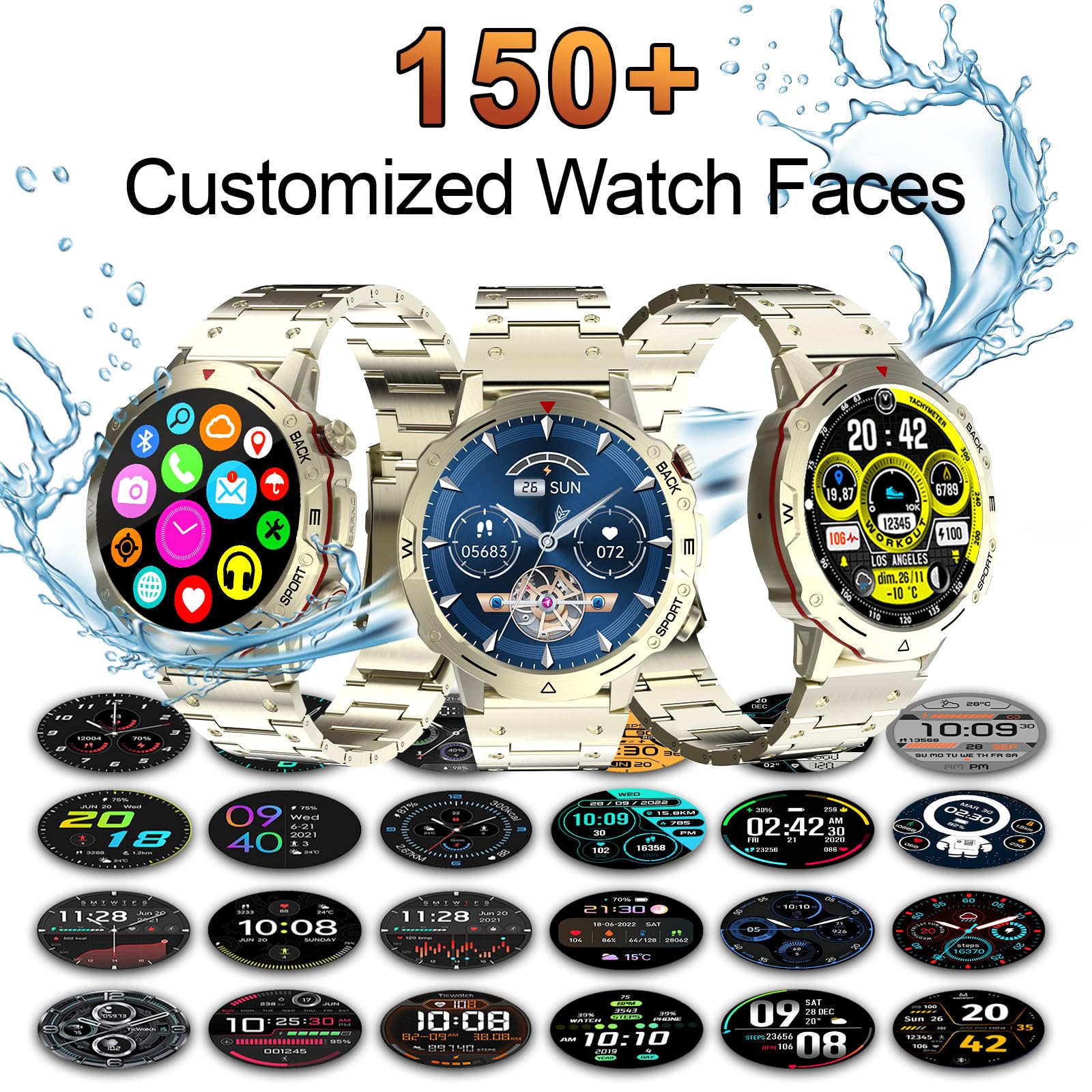 Montre Connectée Homme Smartwatch avec 2 Bracelets, 100+ Modes Sportifs, Cardiaque 24/7, Surveillance du Sommeil, Compatible Android/iOS, Doré