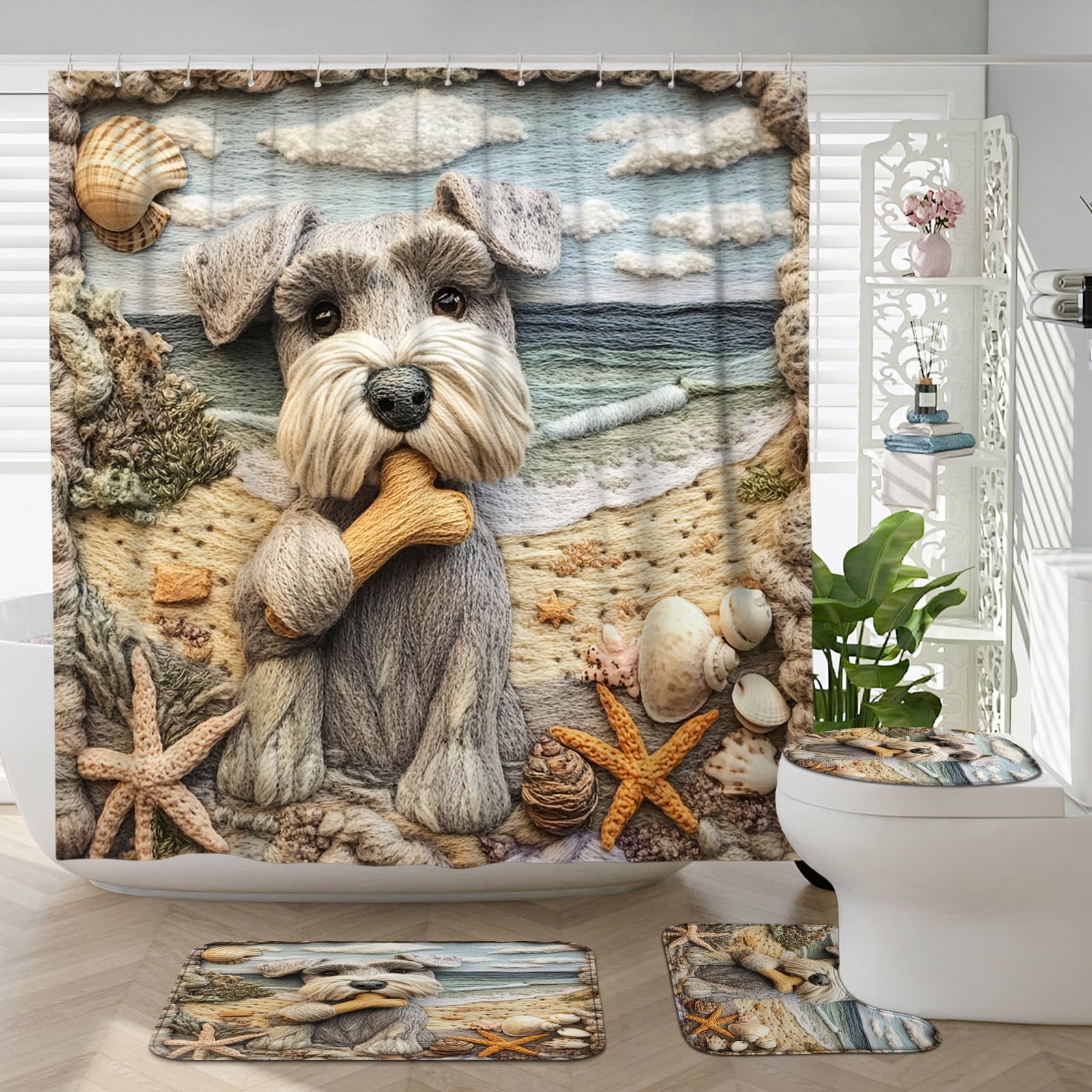 4PCS Funny Schnauzer Dog Bathroom Accessory Sets with Non-Slip Rug, U Shape and Toilet Lid Cover Mat, Coastal Beach Seashell Bathroom Fabric Decor-72''x72''