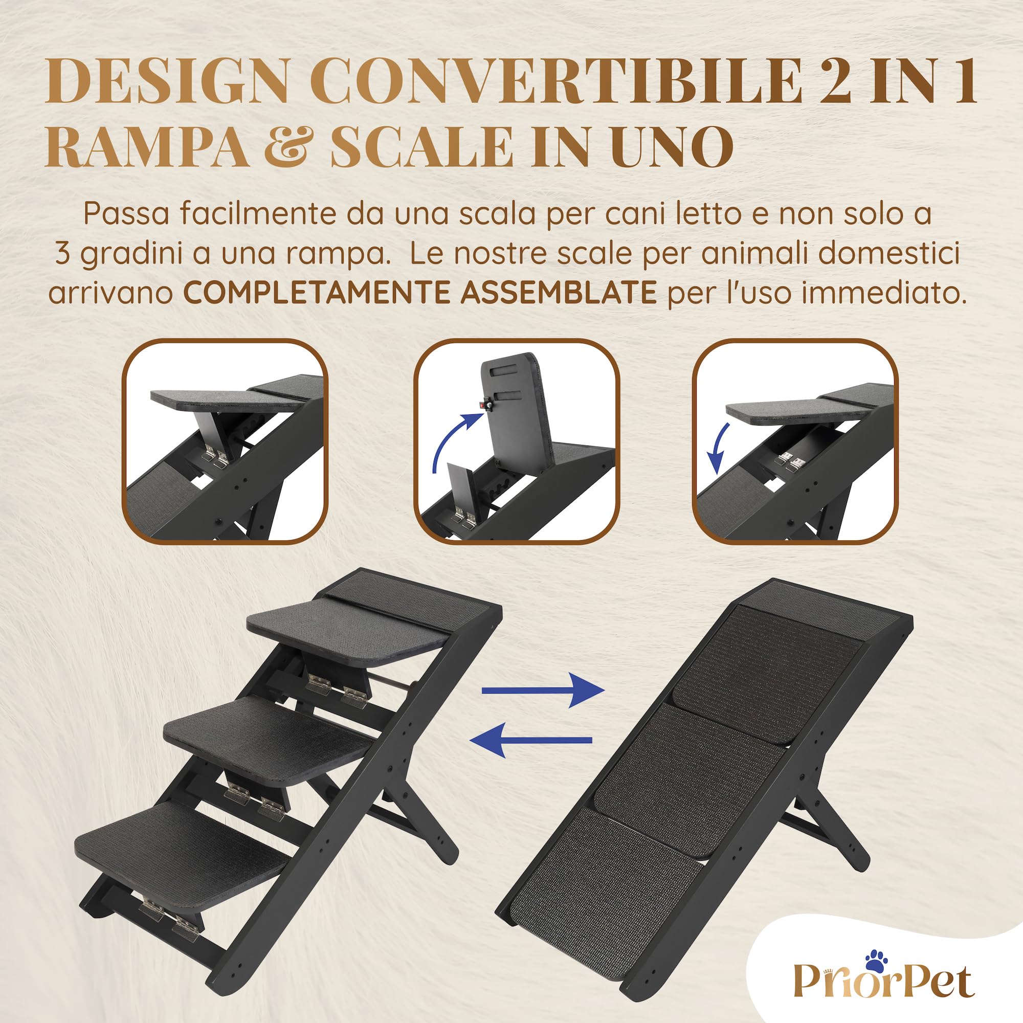 Scale per Cane 2 in 1 con Rampa Altezza Regolabile 18-50 cm Pet Gradini Piccoli Facile da Spostare Nero