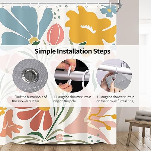 Miniatura 5 de Cortina de ducha bohemia abstracta floral de 60 x 72 pulgadas, juego de cortina de ducha de flores Matisse de los años 70 para baño, moderna cortina
