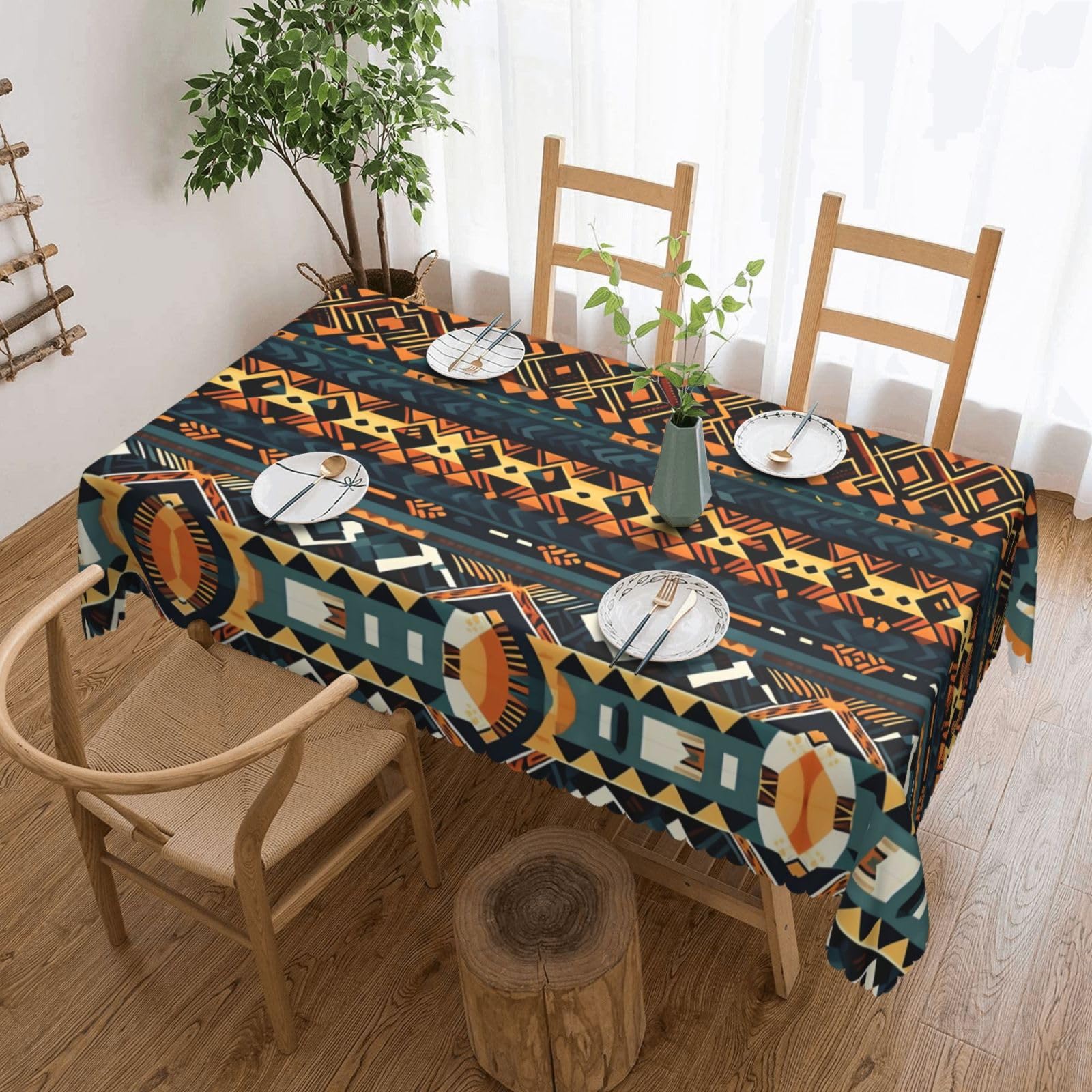 CNTDBU African Tribal Ethnic Texture Scalloped Edge Tablecloth 54x72-Waterproof Stain Resistant Wrinkle Free Cover, Square Table Cloth for Dining Party