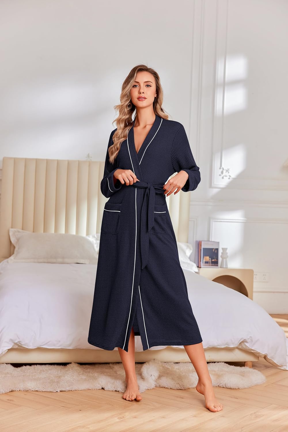 Ekouaer Robes for Women Lightweight Knit Waffle Bathrobe Full Length Kimono Casual Ladies Loungewear - Image 3