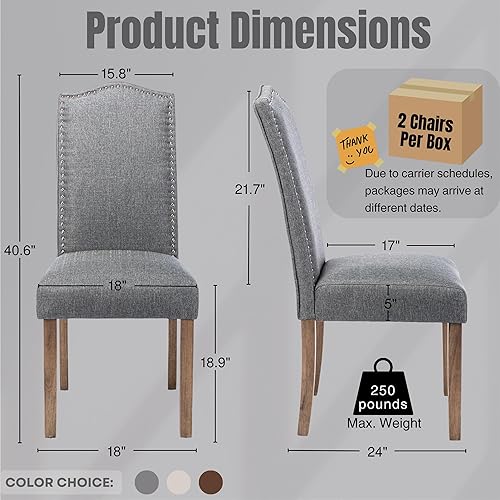 Miniatura 2 de Silla de comedor tapizada elegante Parsons para cocina con ribete plateado de cabeza de clavo y patas de madera, paquete de 4, tela gris clásico