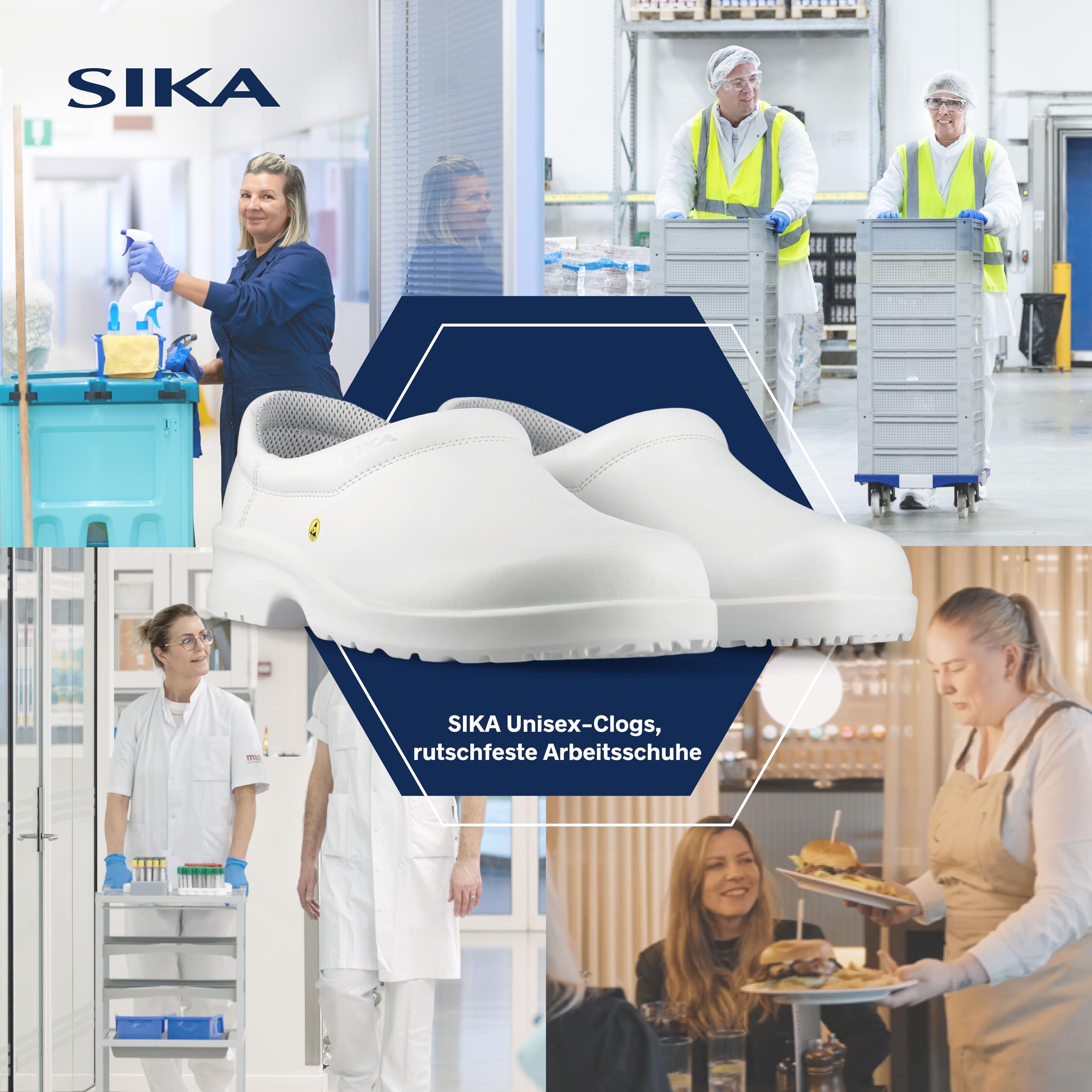 SIKA Unisex-Clogs, rutschfeste Arbeitsschuhe, wasserabweisendes Permair-Leder, stoßdämpfende Sohle, ESD-geprüft, waschbare Innensohle, professionelle Clogs für den Lebensmittel- und Medizinbereich