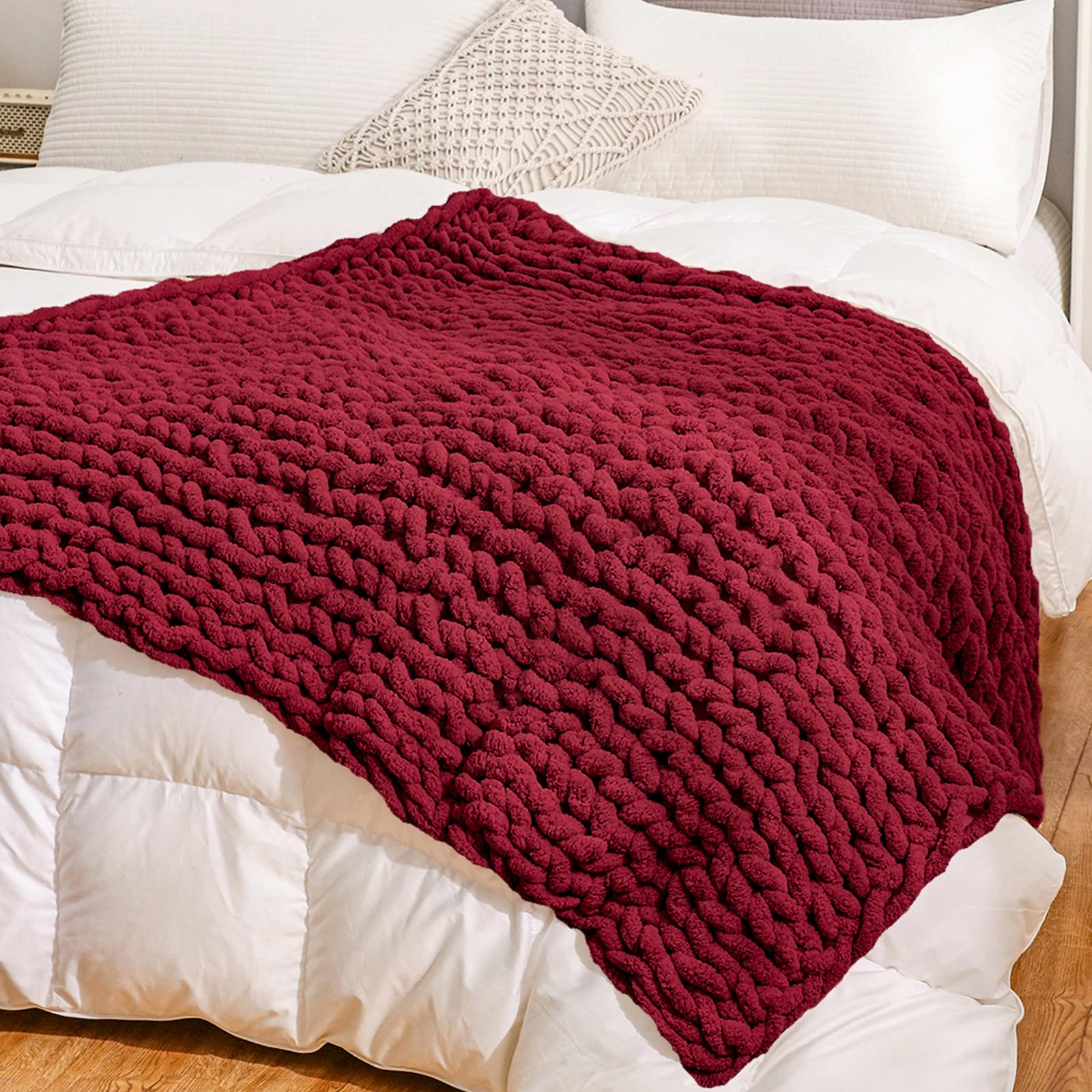 Chunky Knit Blanket Throw 40"x50", Soft Jumbo Chenille Throw Blanket, 100% Hand Knitted Throw Blankets for Couch Bed, Thick Cable Knit Blanket, Small Rope Knot Crochet Blanket (Burgundy)