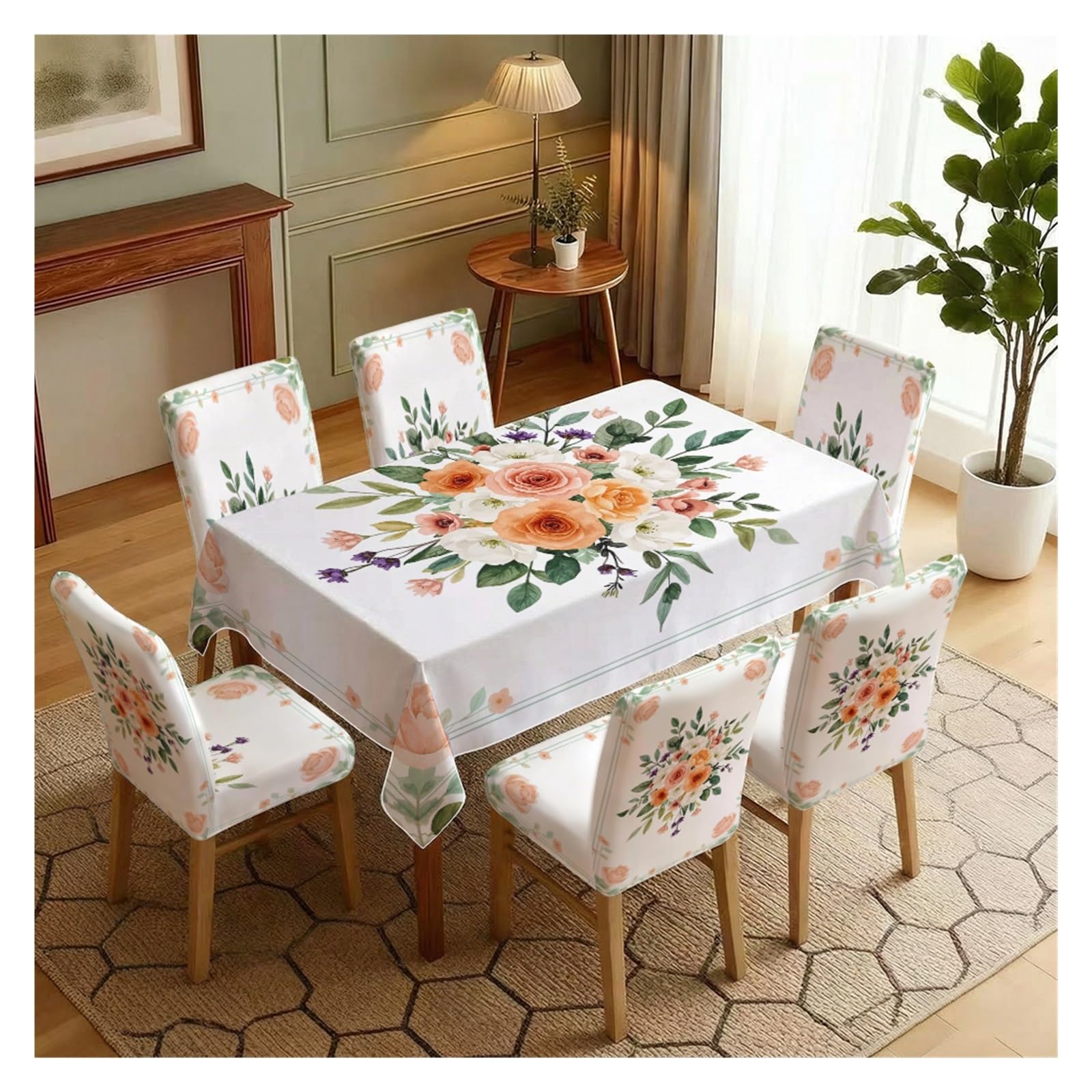 BOSUYBN Stretch Dining Chair Slipcovers And Tablecloth Set, Peach Orange Bouquet Floral Print, 5/7 Pack For Dining Room Cottage Home Decor Table Setting(7pcs Set: Tablecloth+Chair Covers)
