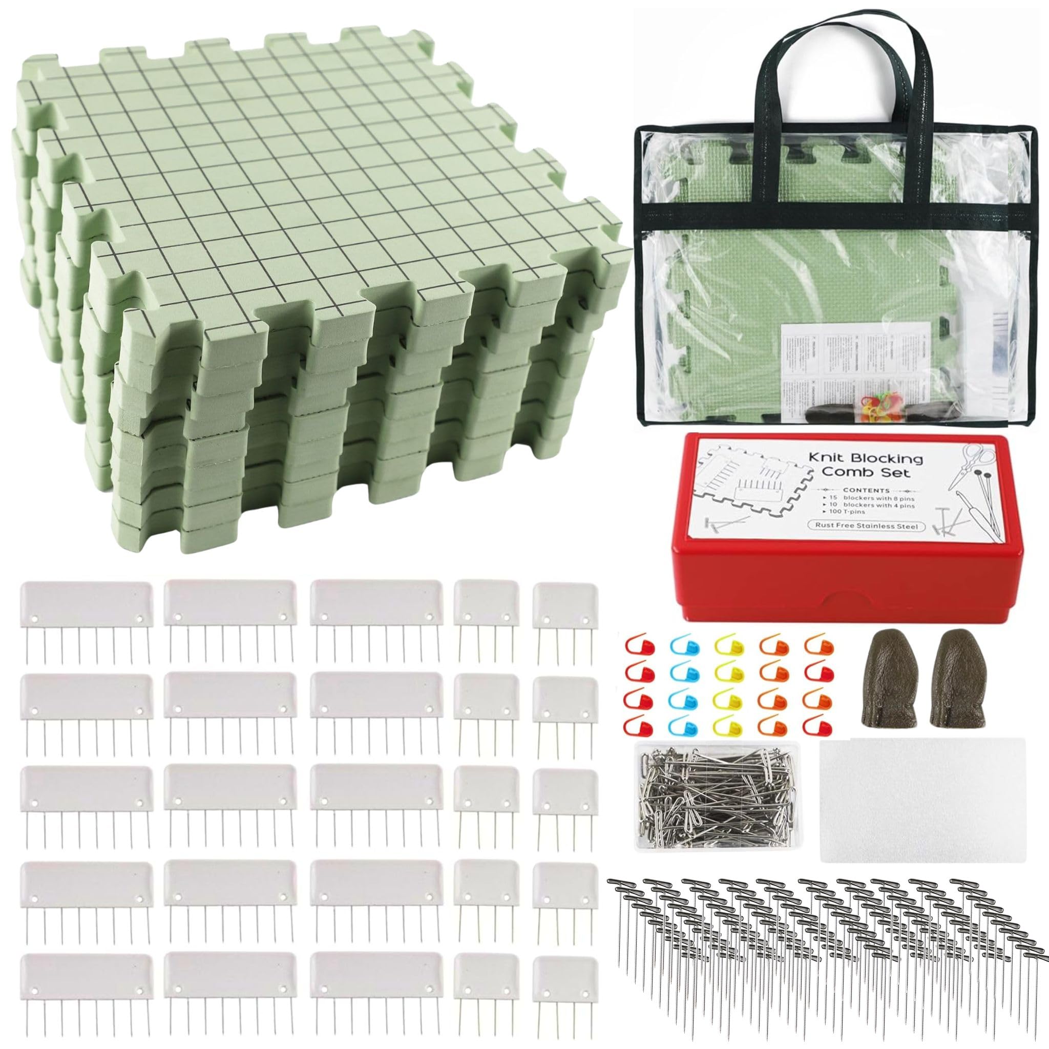 SusggO Lot de 9 panneaux de verrouillage crochet mousse, 25 peignes de verrouillage, 100 broches T, protège-doigts, 20 marqueurs, éponge. Blocage Granny Crochet Blocage Granny Square