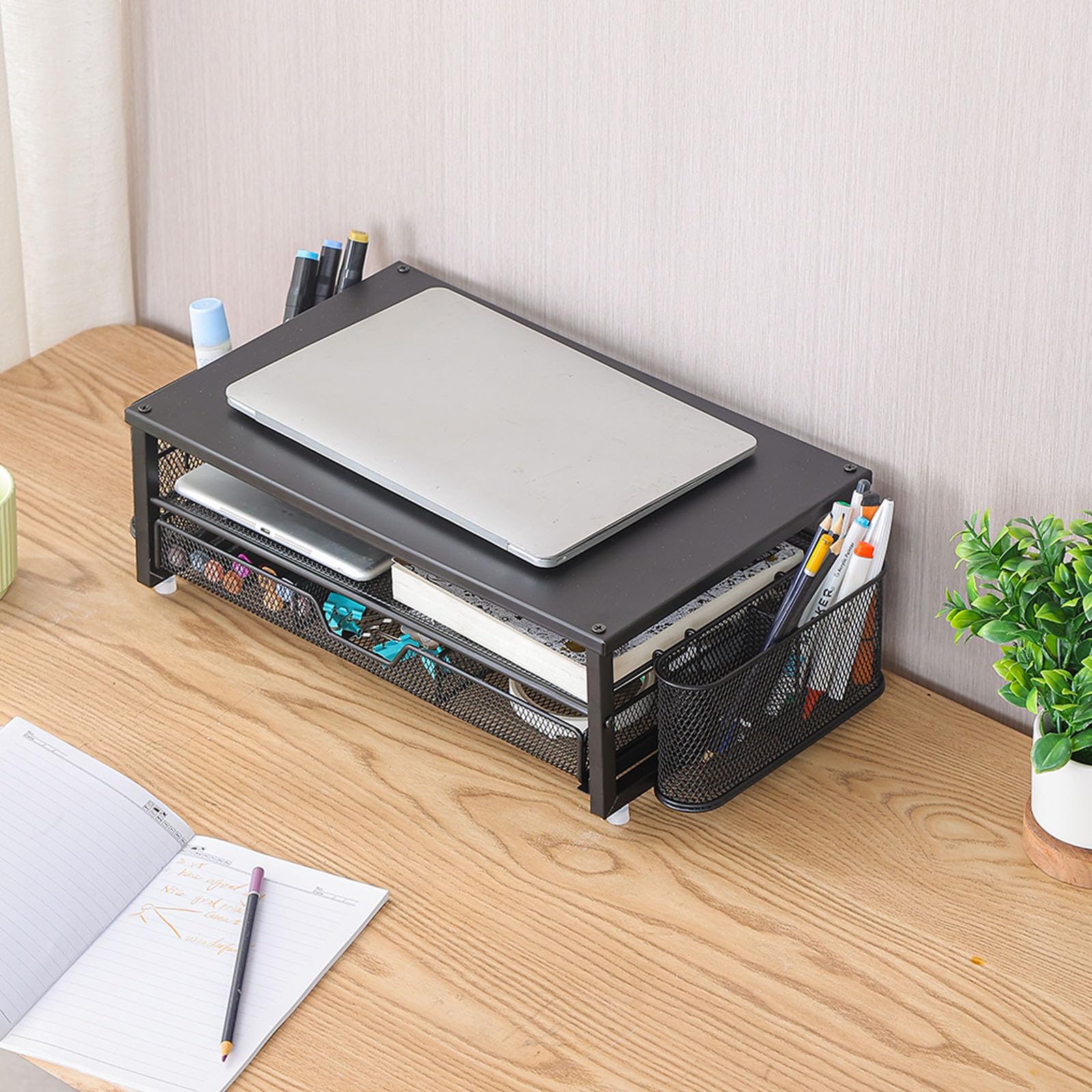 Supporto per schermo con cassetto di ventilazione, portapenne, tazza a doppio strato, in metallo, con organizer da scrivania laterale, monitor in alluminio