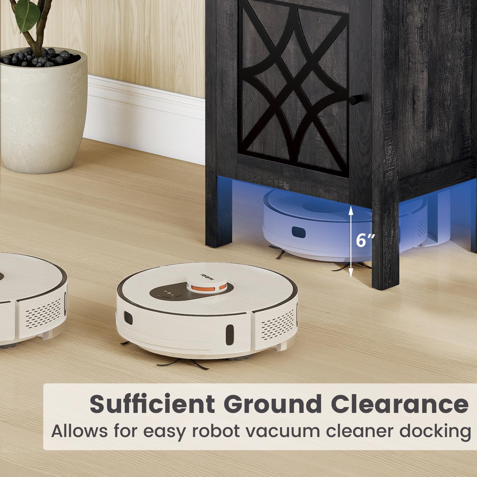 GOFLAME Robot Vacuum Storage Cabinet, Retro Sofa Side End Table with Hidden Robotic Vacuum Cleaner Storage & Open Compartment, Sweeping Robot Stand Cabinet for Living Room (Grey)