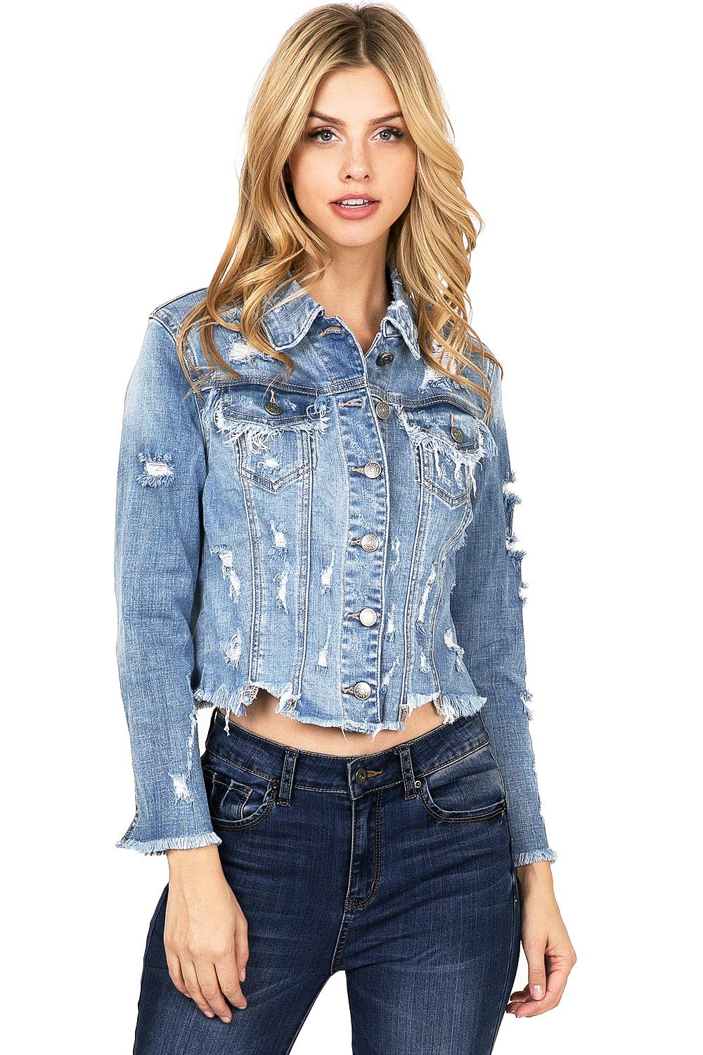 Cello JeansWomen's Juniors Heavy Distressed & Ripped Jean Jacket