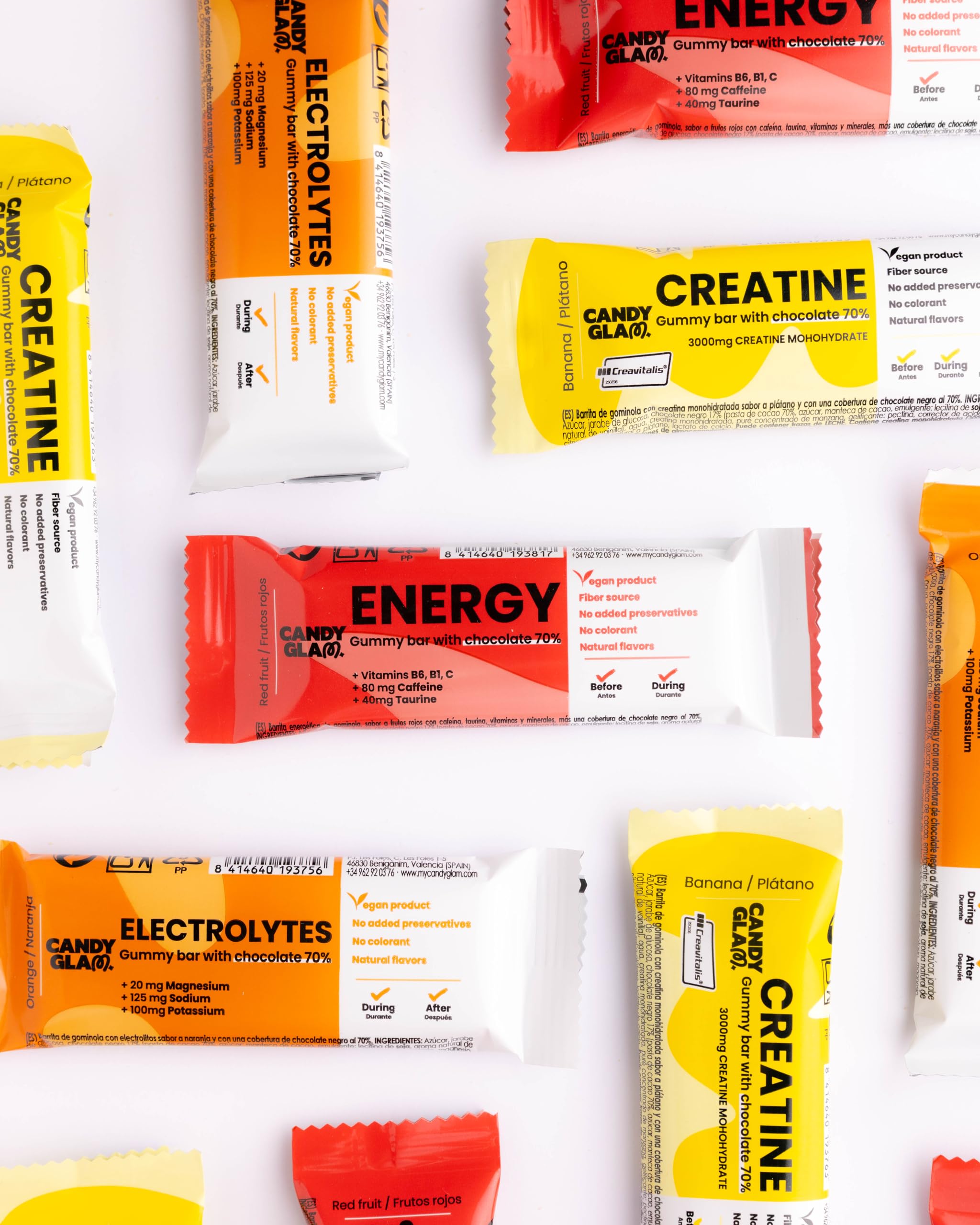 Candy Glam Pack 24 Barritas Gominola | 12 Frutos Rojos con Cafeína, Taurina y Vitaminas + 12 Creatina, Plátano y Chocolate 70% | Snack Deportivo para Energía y Entrenamiento